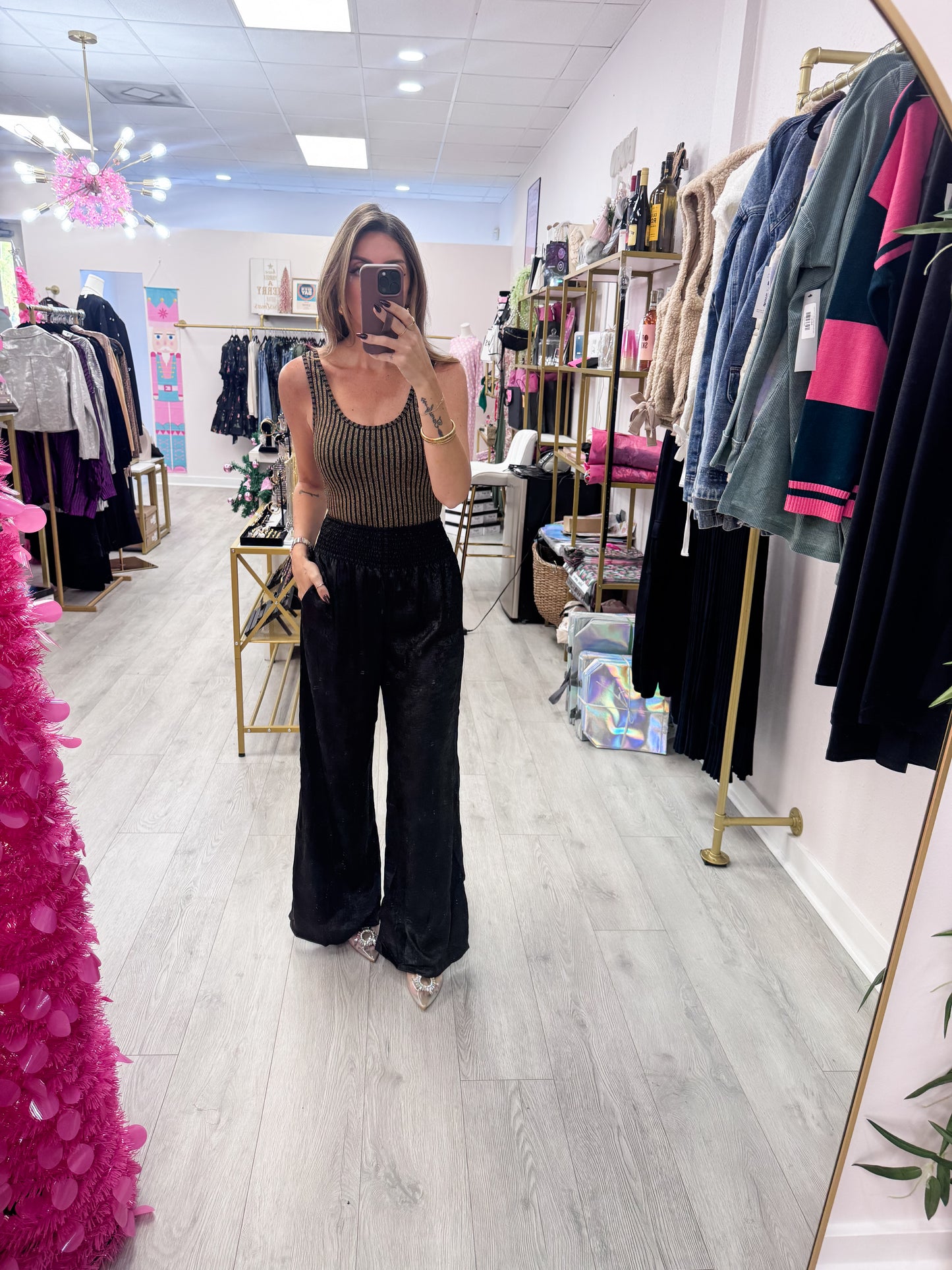 Black Wide Leg Foil Smocked Waist Pants