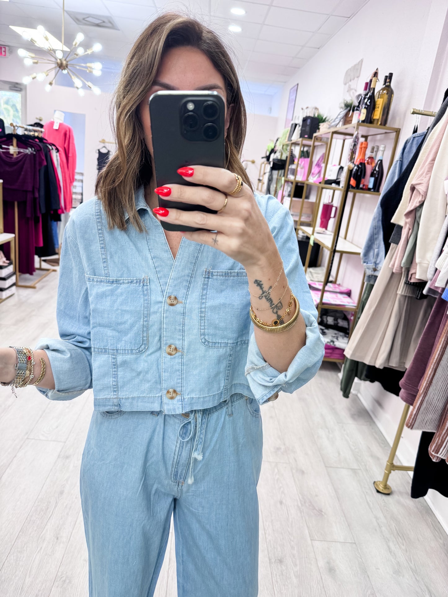 Chambray Button Down Collared Top