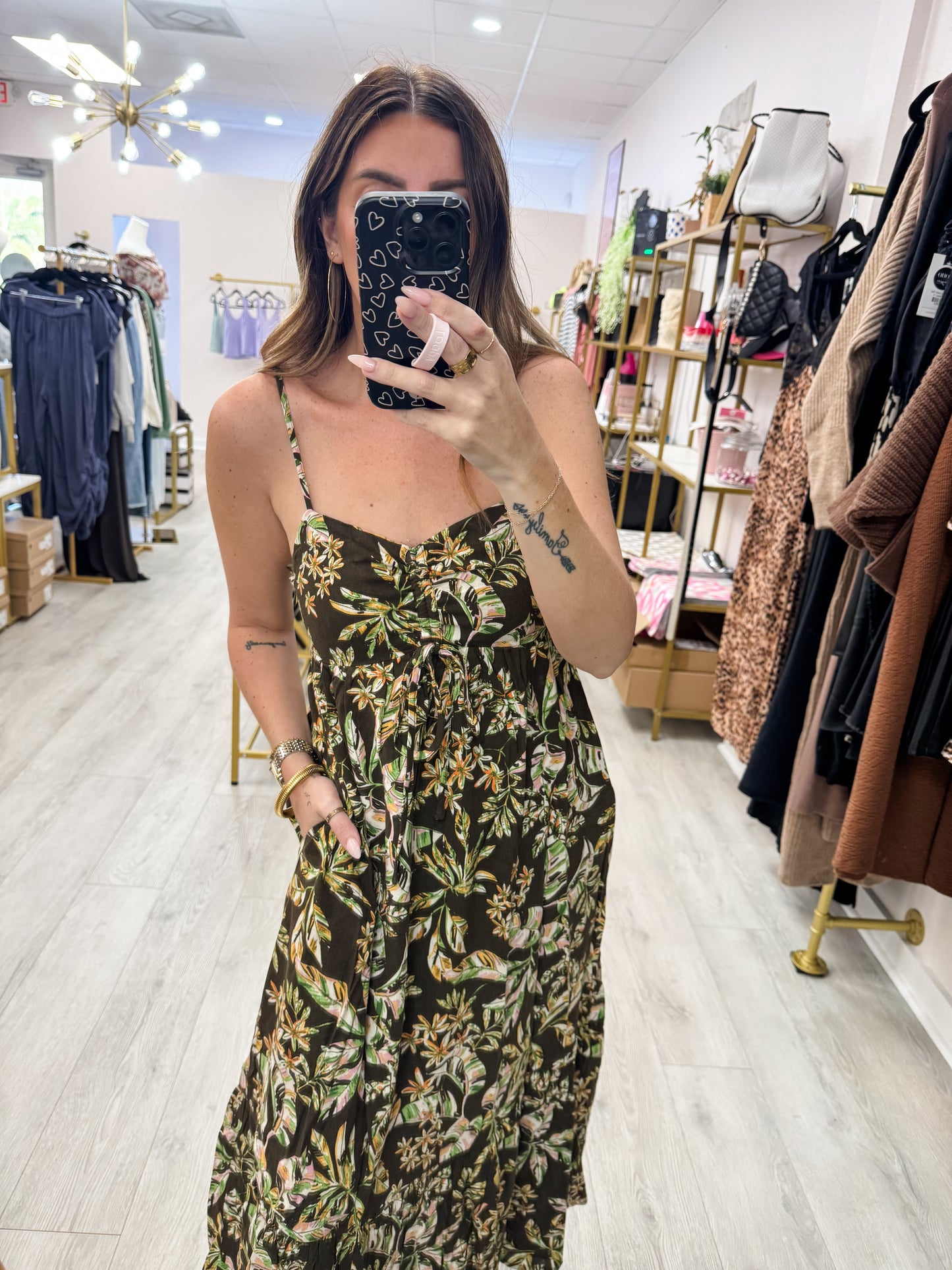 Brown Tropical Midi Dress