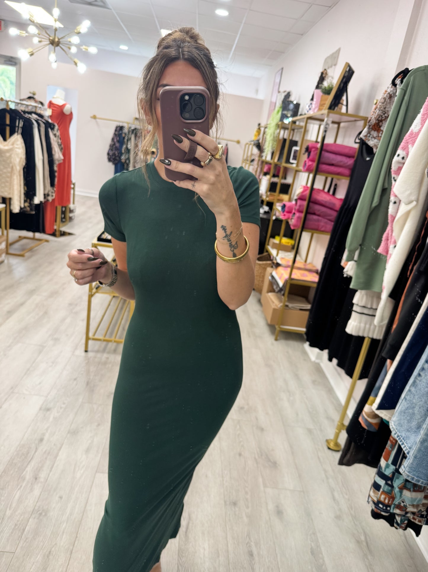 Deep Green Ribbed T-Shirt Dress