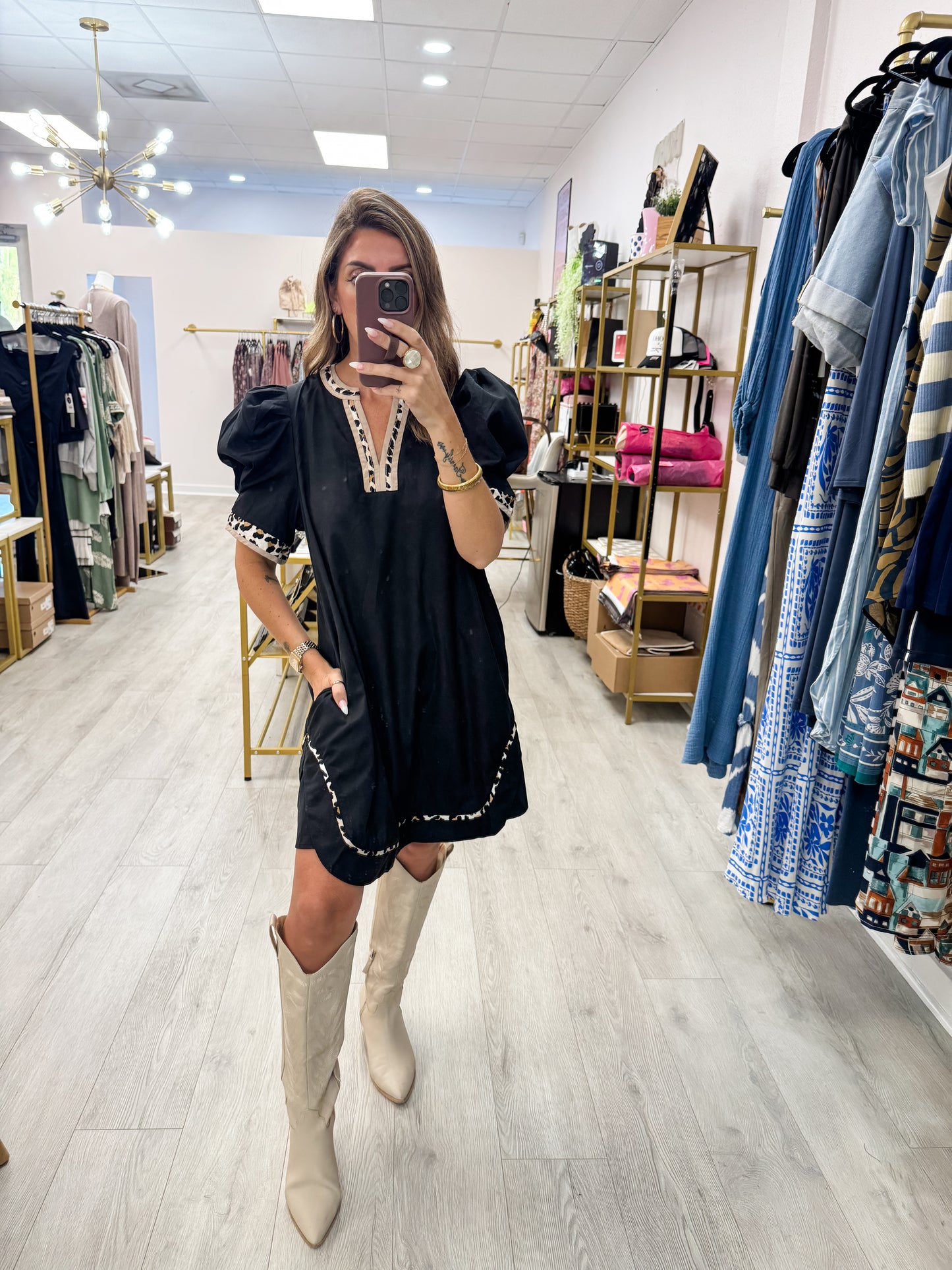 Leopard Trim Puff Sleeve Dress