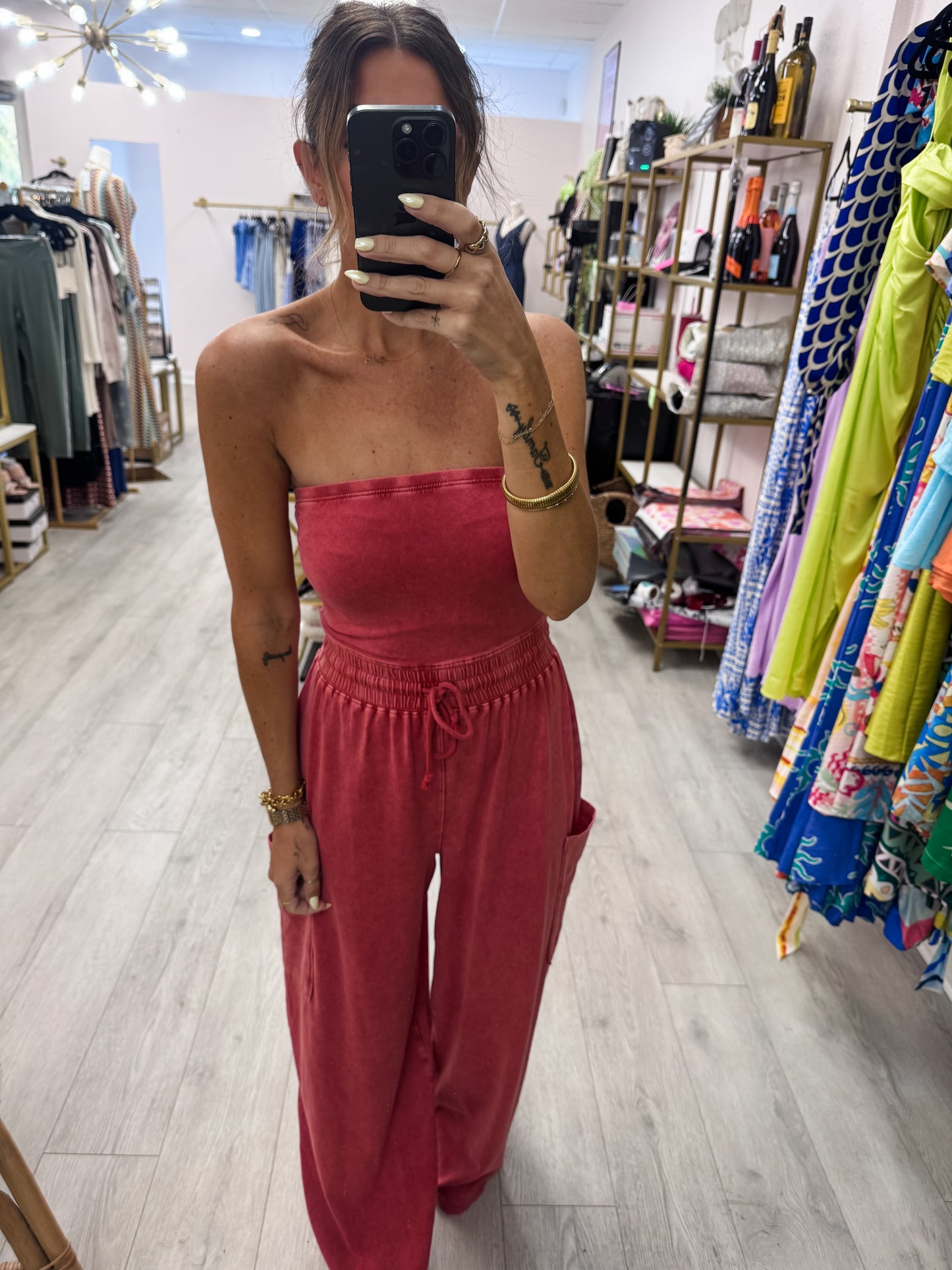 Dark Red Mineral Wash Strapless Wide-Leg Jumpsuit
