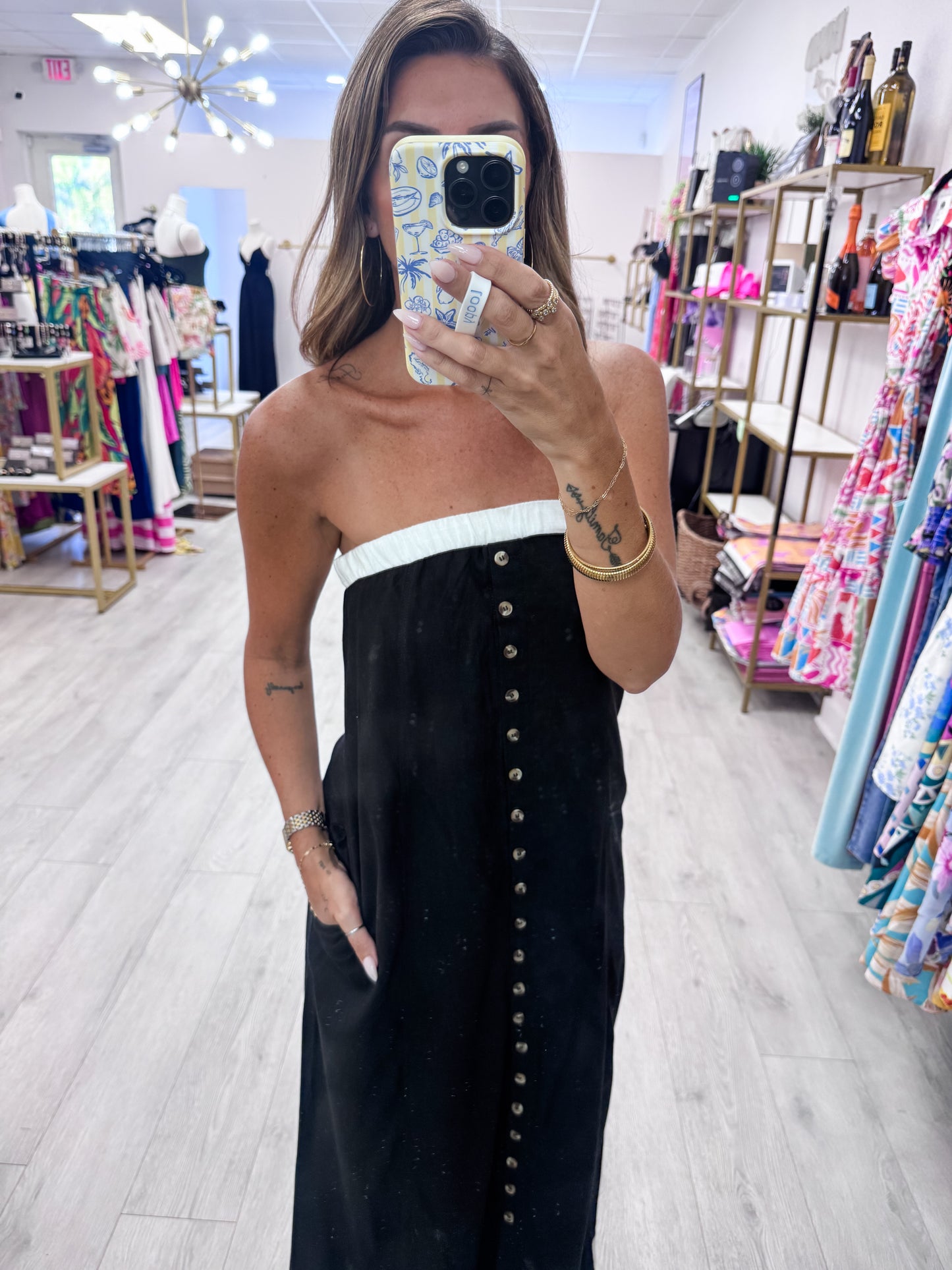 Black Strapless Button-Front Maxi Dress