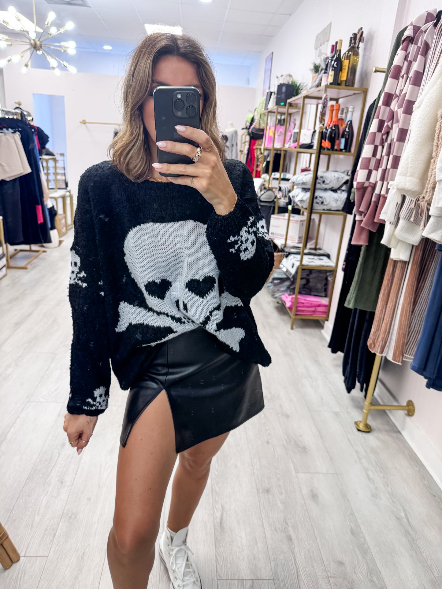 Black Two Toned Knit Skull Sweater