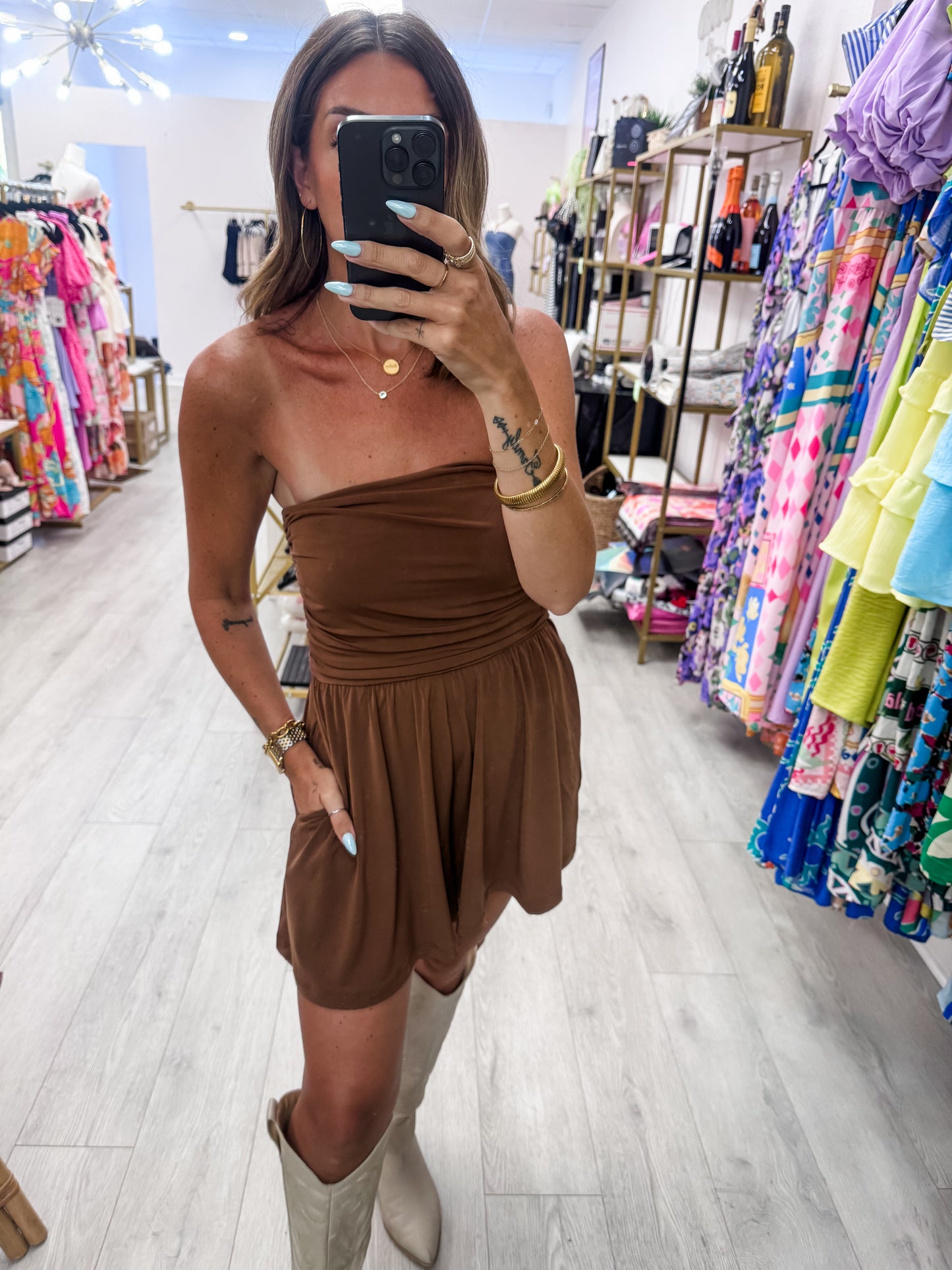 Chocolate Strapless Shirred Waist Romper