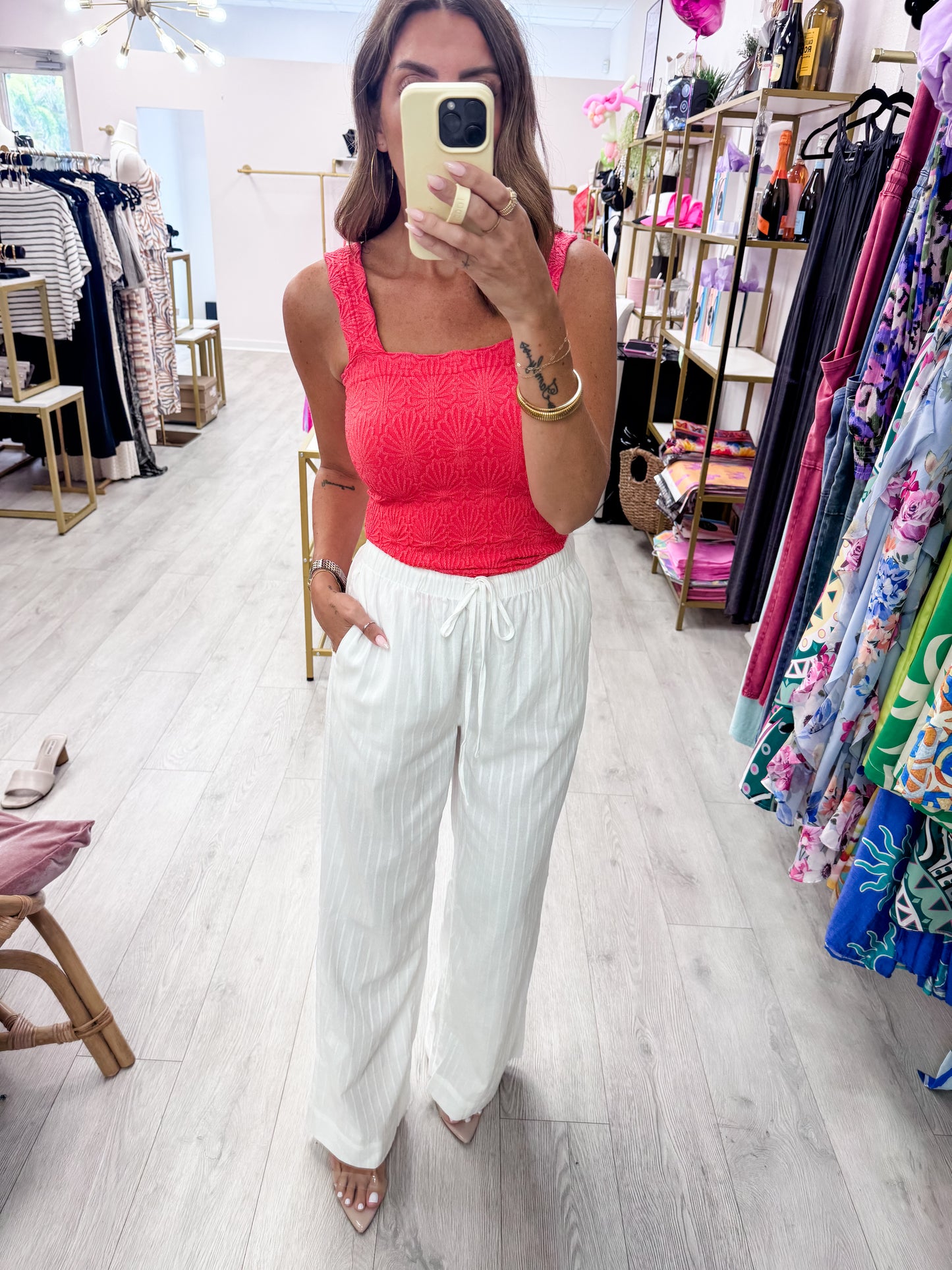 White Jacquard Drawstring Pants