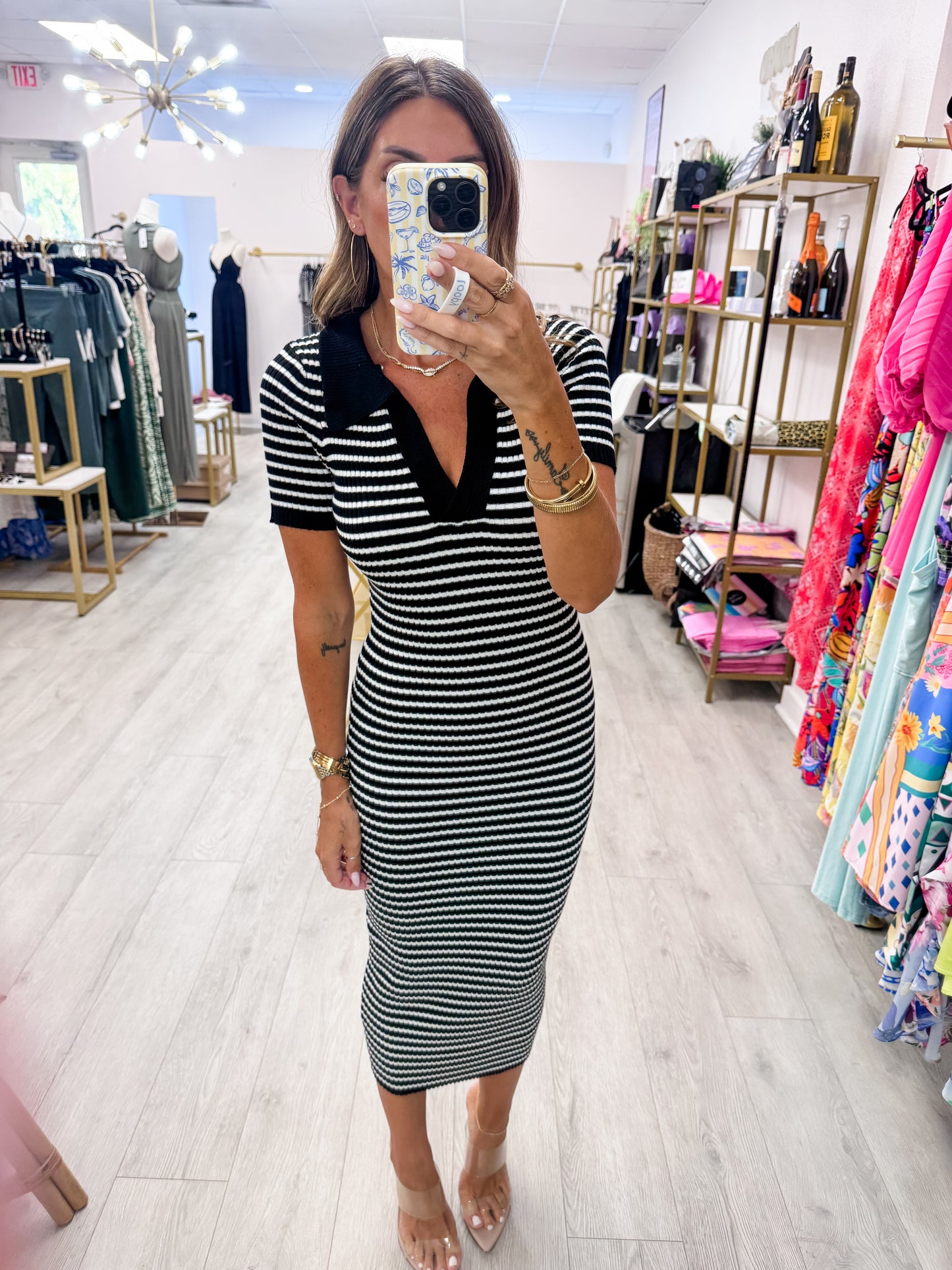 Black Ribbed Collared Midi Dress