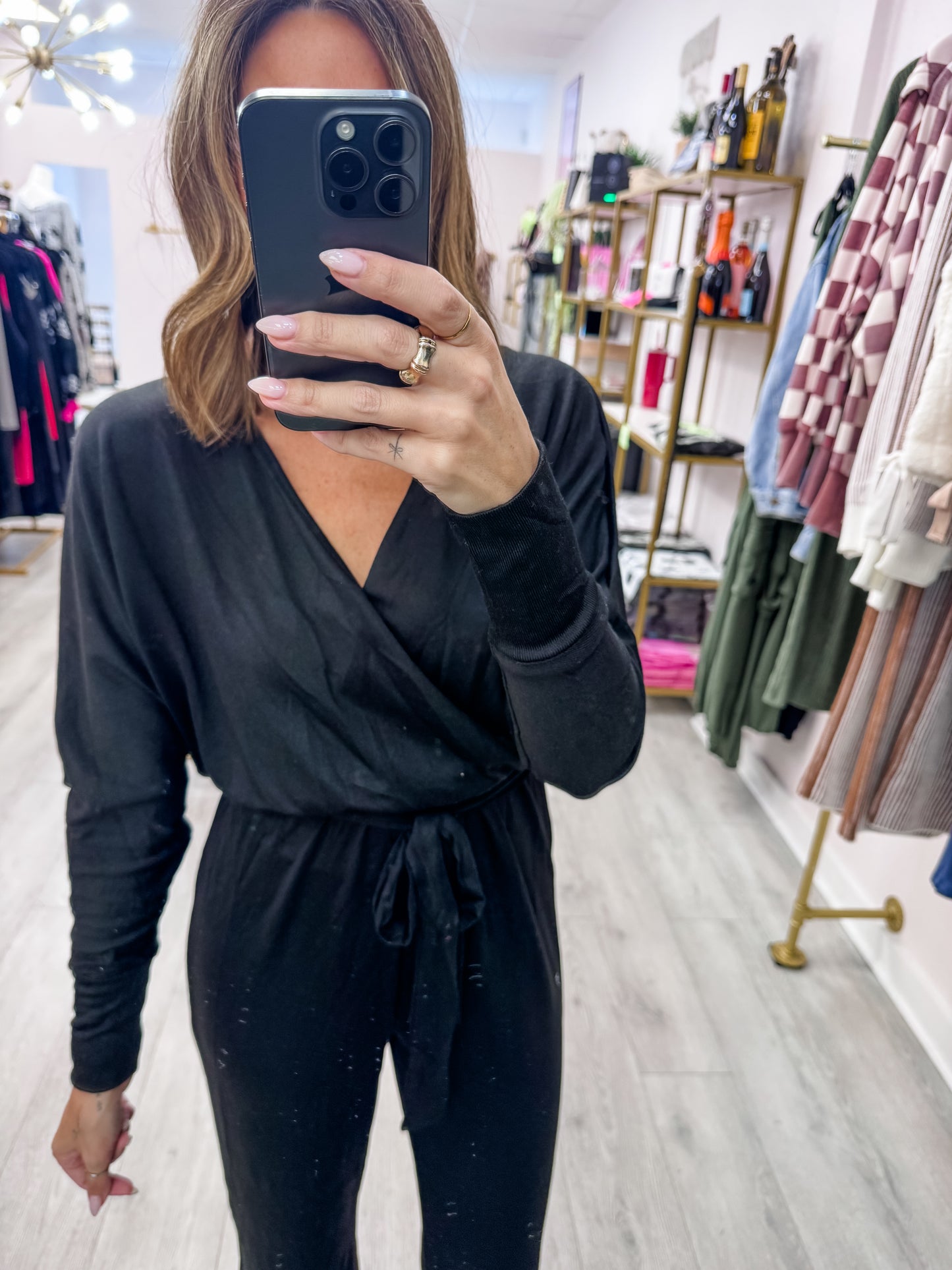 Black Surplice Tie-Belt Knit Jumpsuit