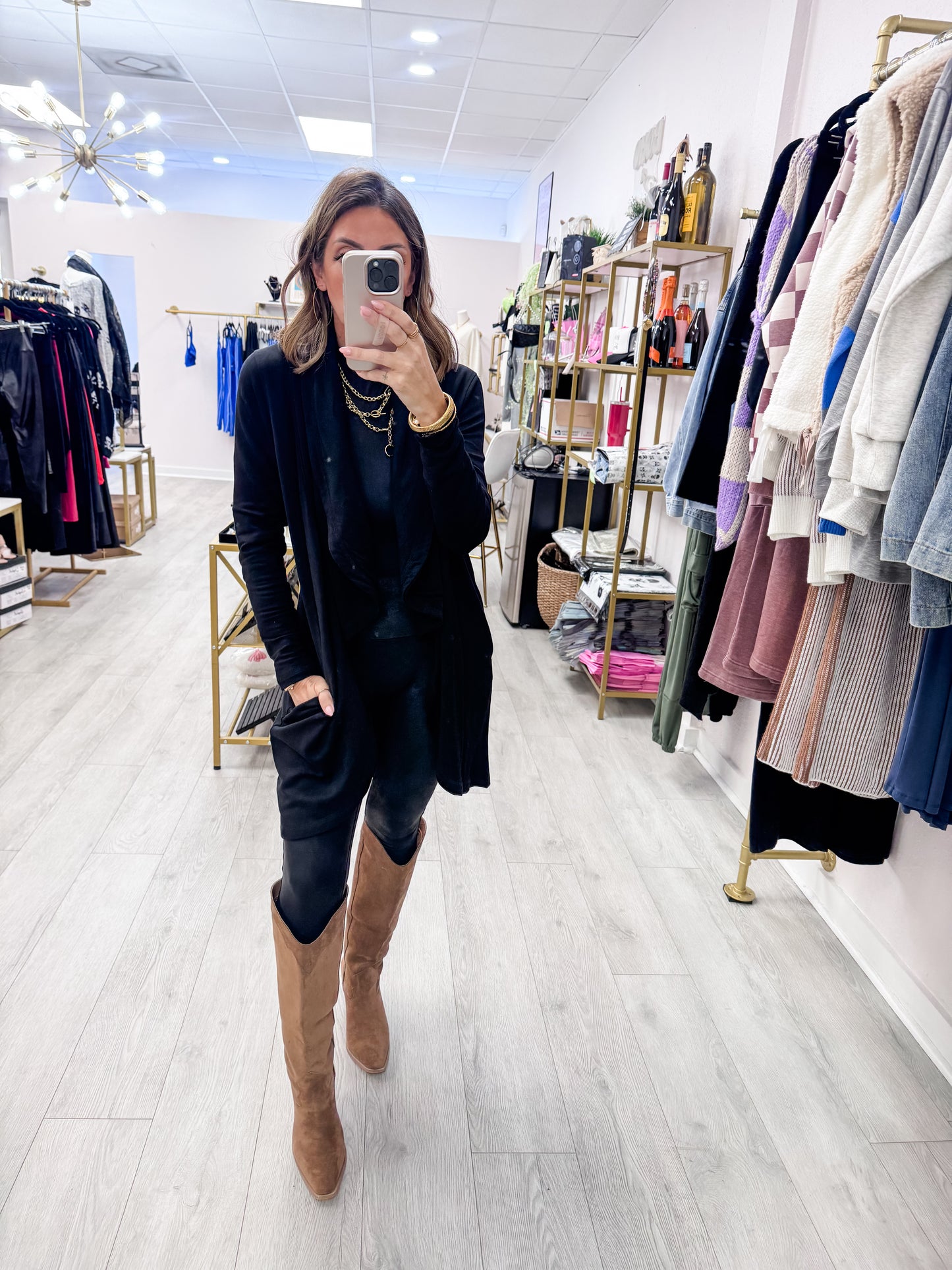 Black Fleece Lined Open Flowy Cardigan