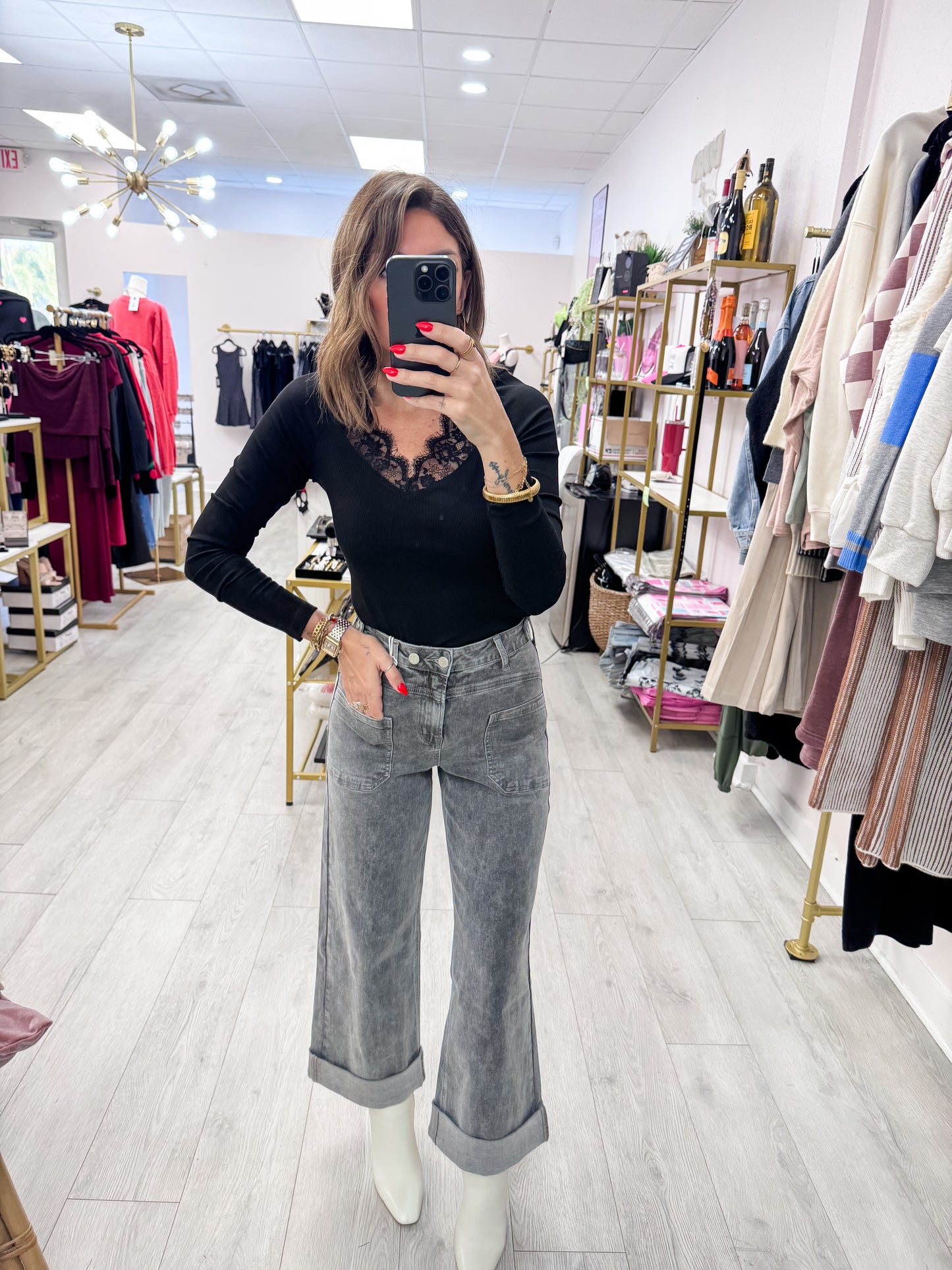 Black V-Neck Lace Trim Ribbed Knit Top