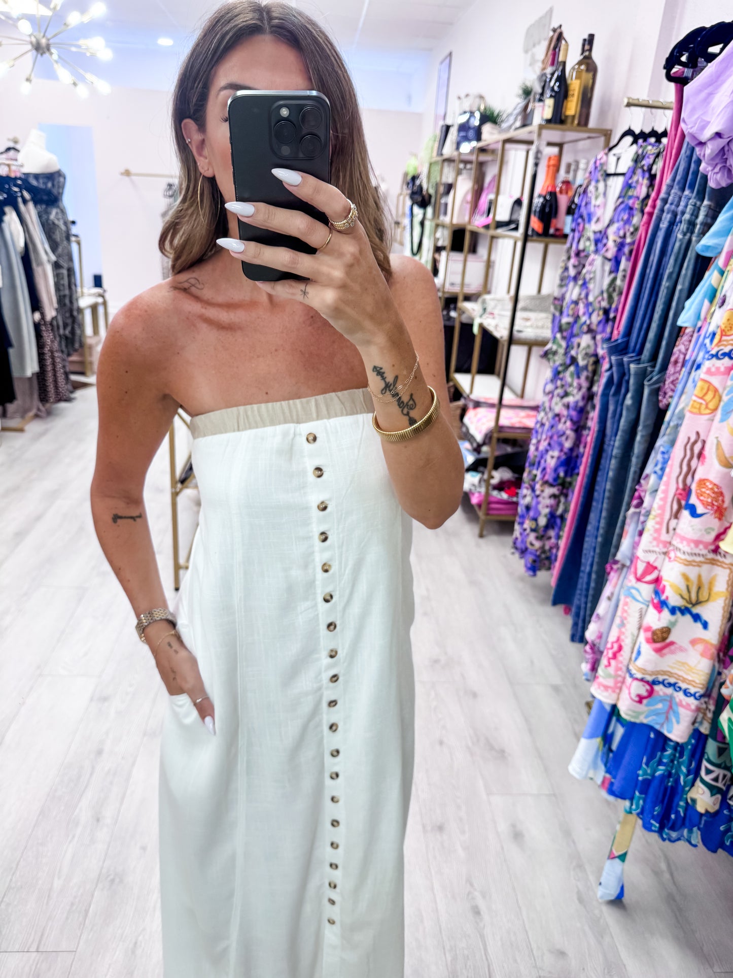 Off White Strapless Button-Front Maxi Dress