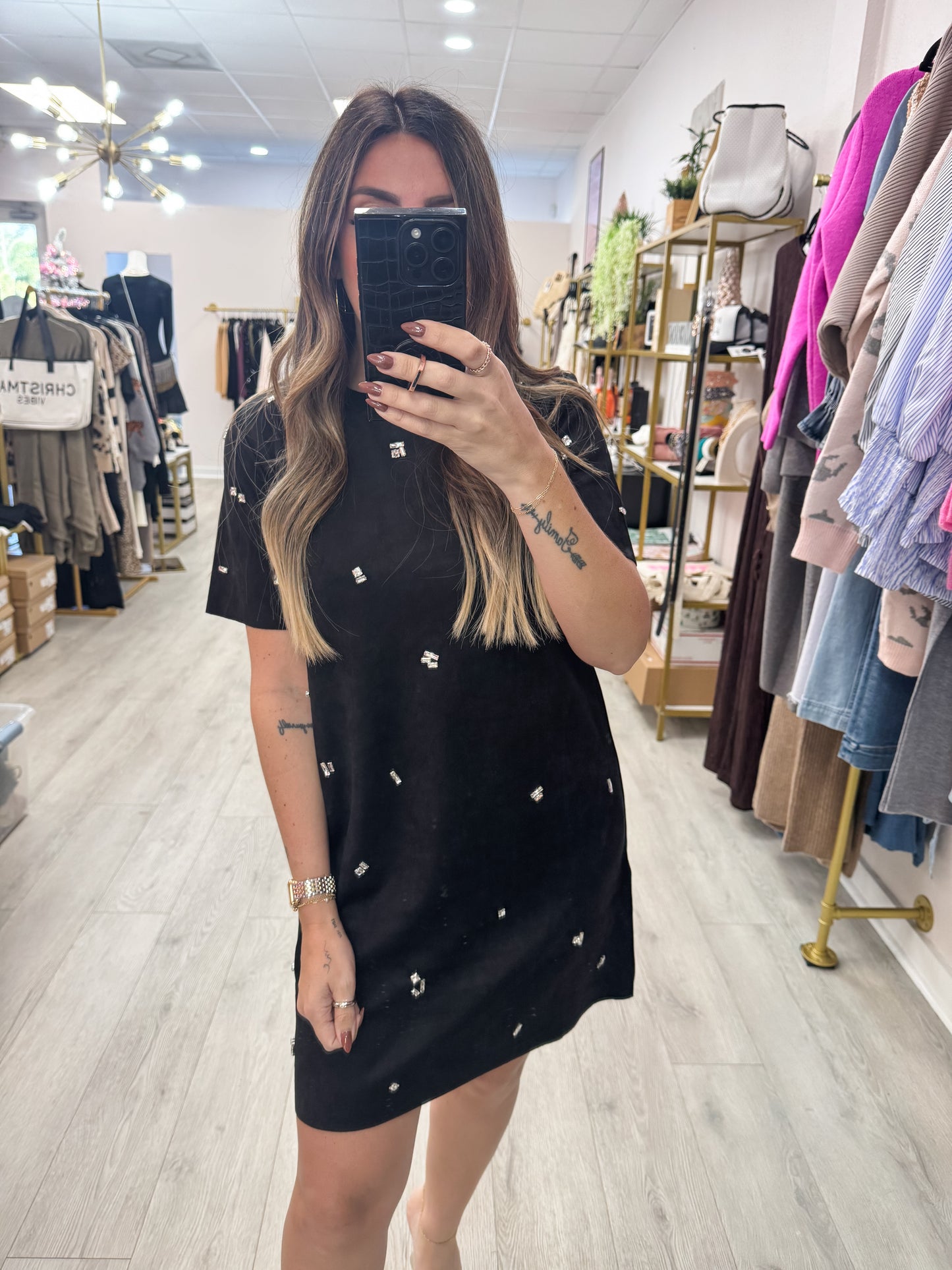 Rhinestone Faux Suede Shift Dress