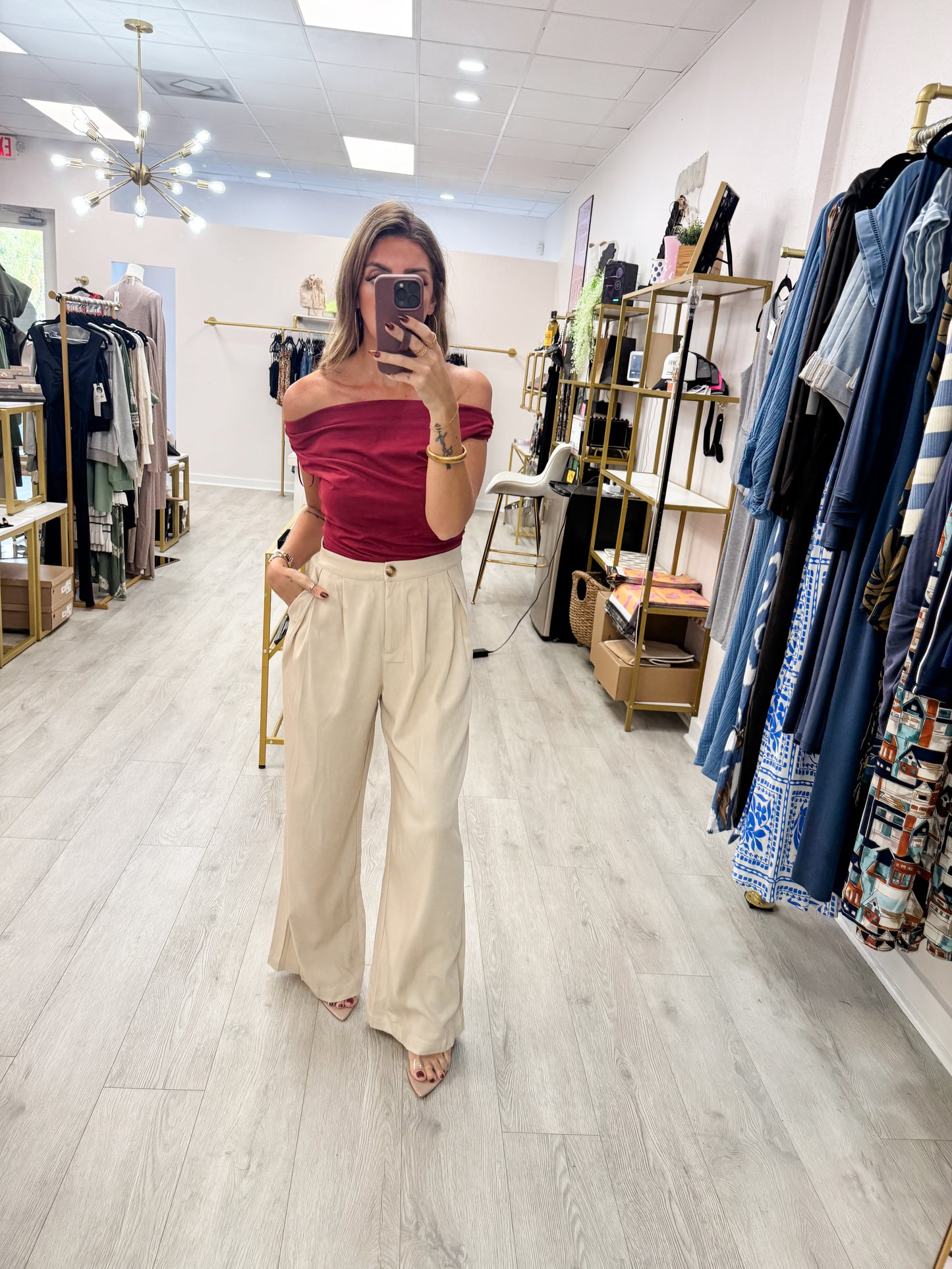 Maroon On or Off Shoulder Ruched Top