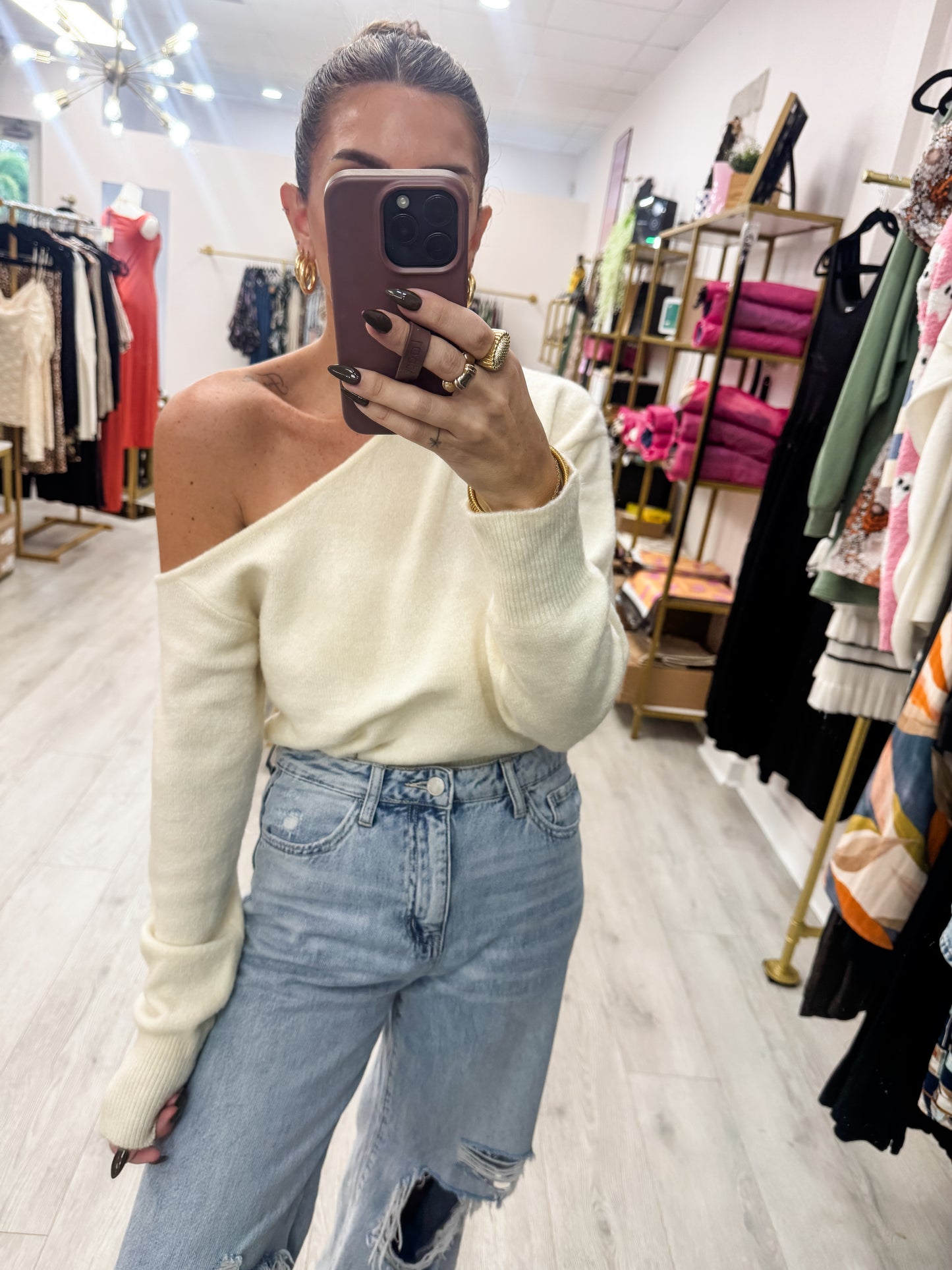 Off White Asymmetric Off Shoulder Sweater
