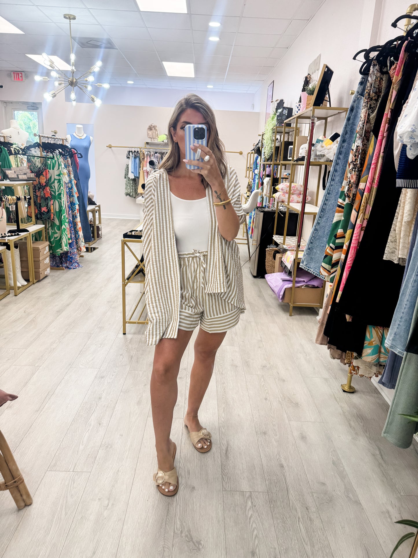Neutral Relaxed Striped Kimono & Shorts Set