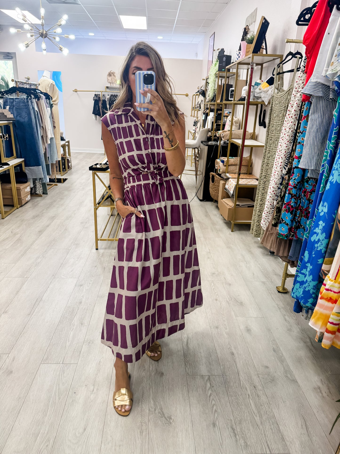 Abstract Maroon Midi Dress
