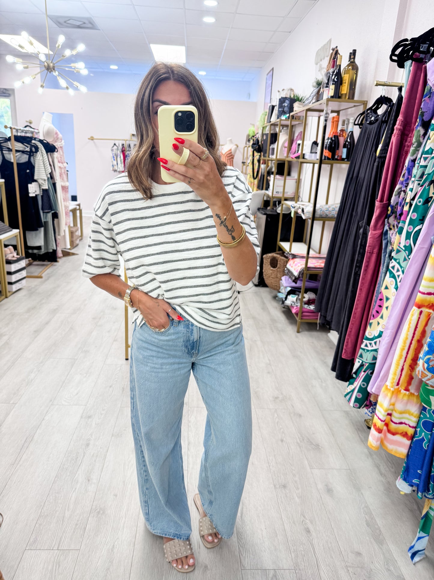 Striped Short Sleeve Terry Crew Neck Top