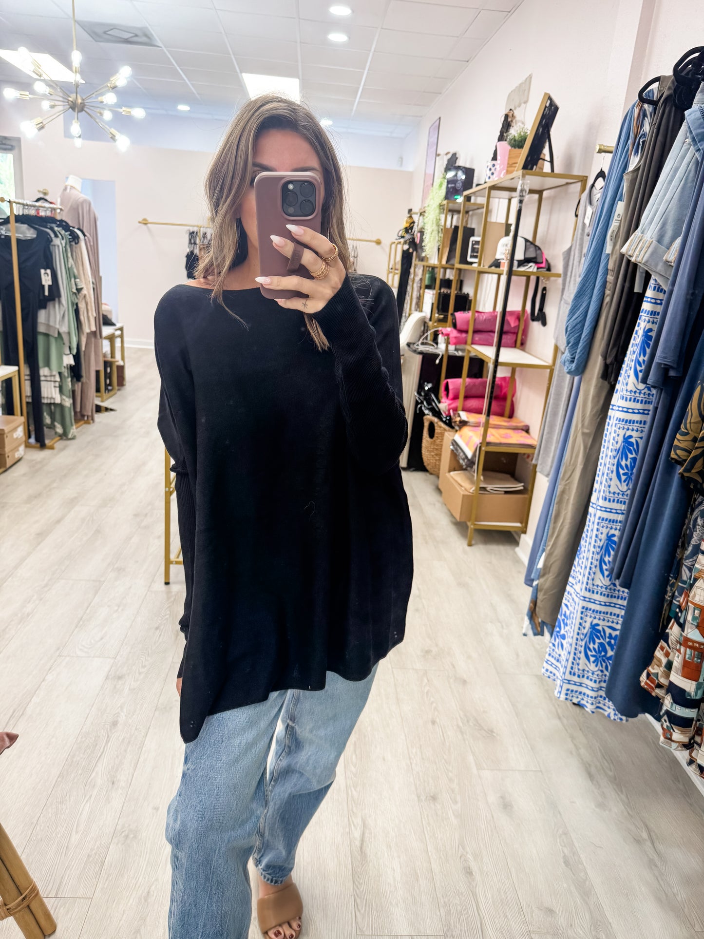 Black Boatneck Batwing Top