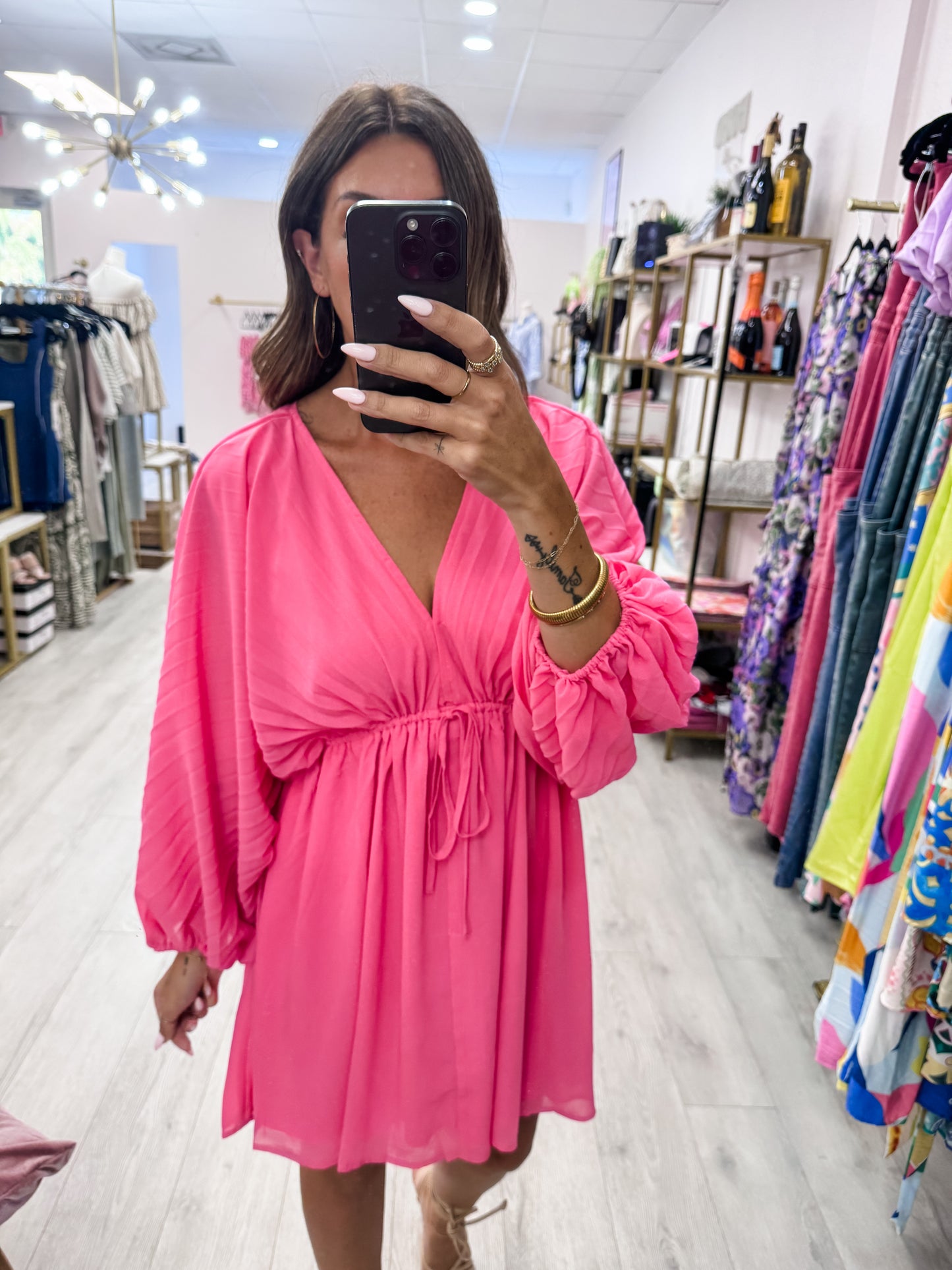 Bubble Gum Solid Deep V Neck Chiffon Bishop Sleeve Mini Dress
