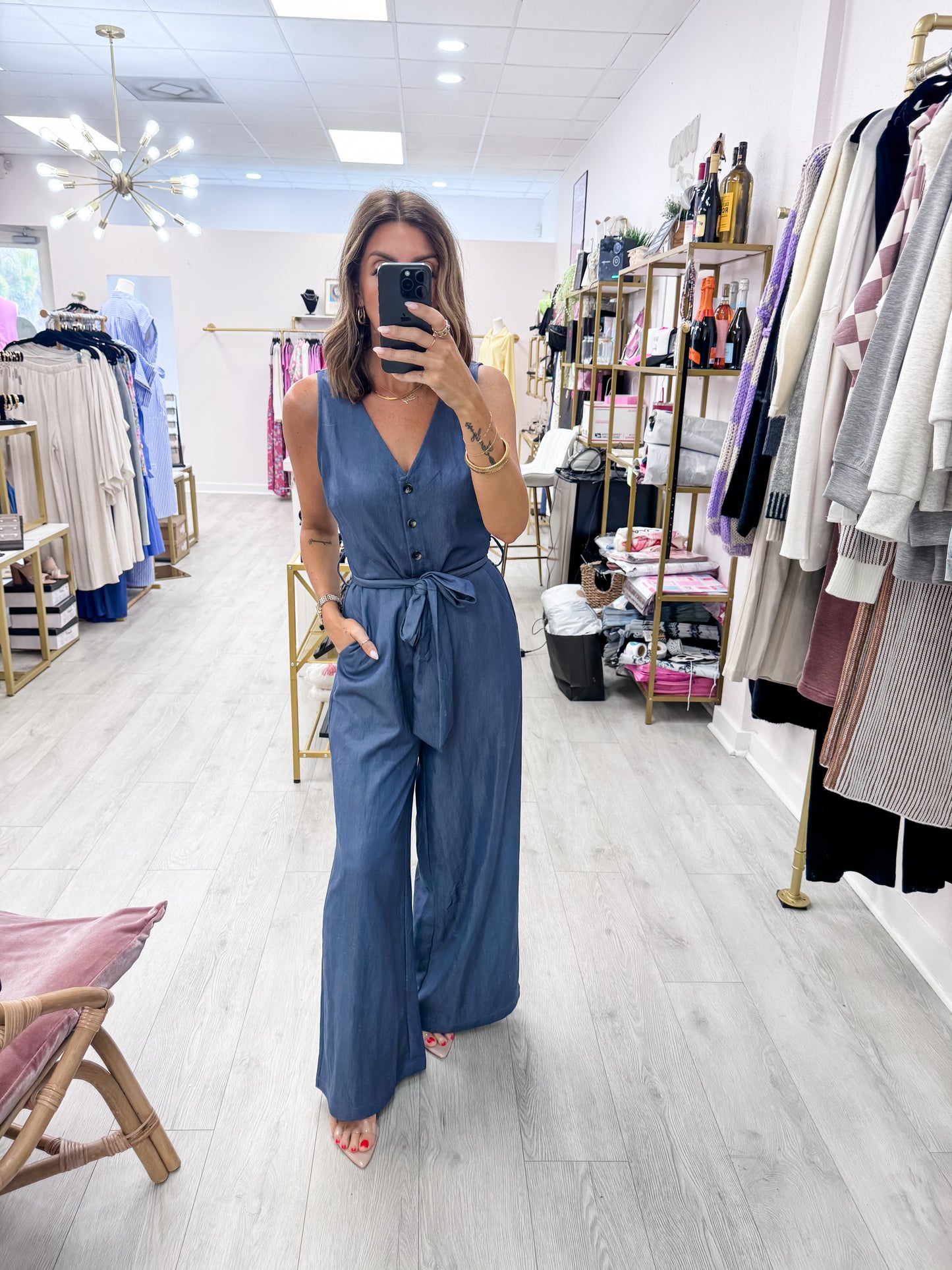 Ocean Current Button Down Sash Belt Jumpsuit