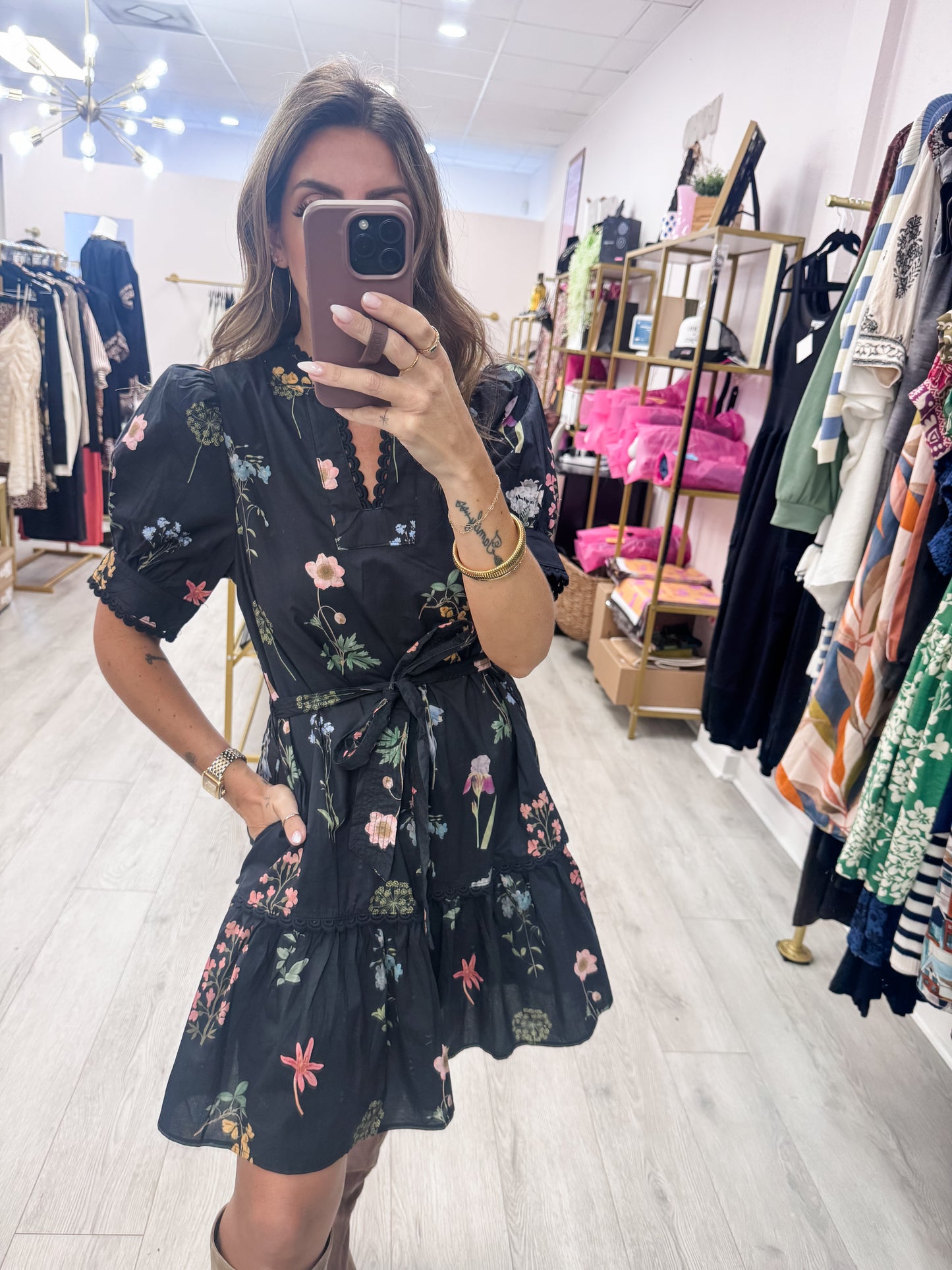 Black Floral Scallop Dress