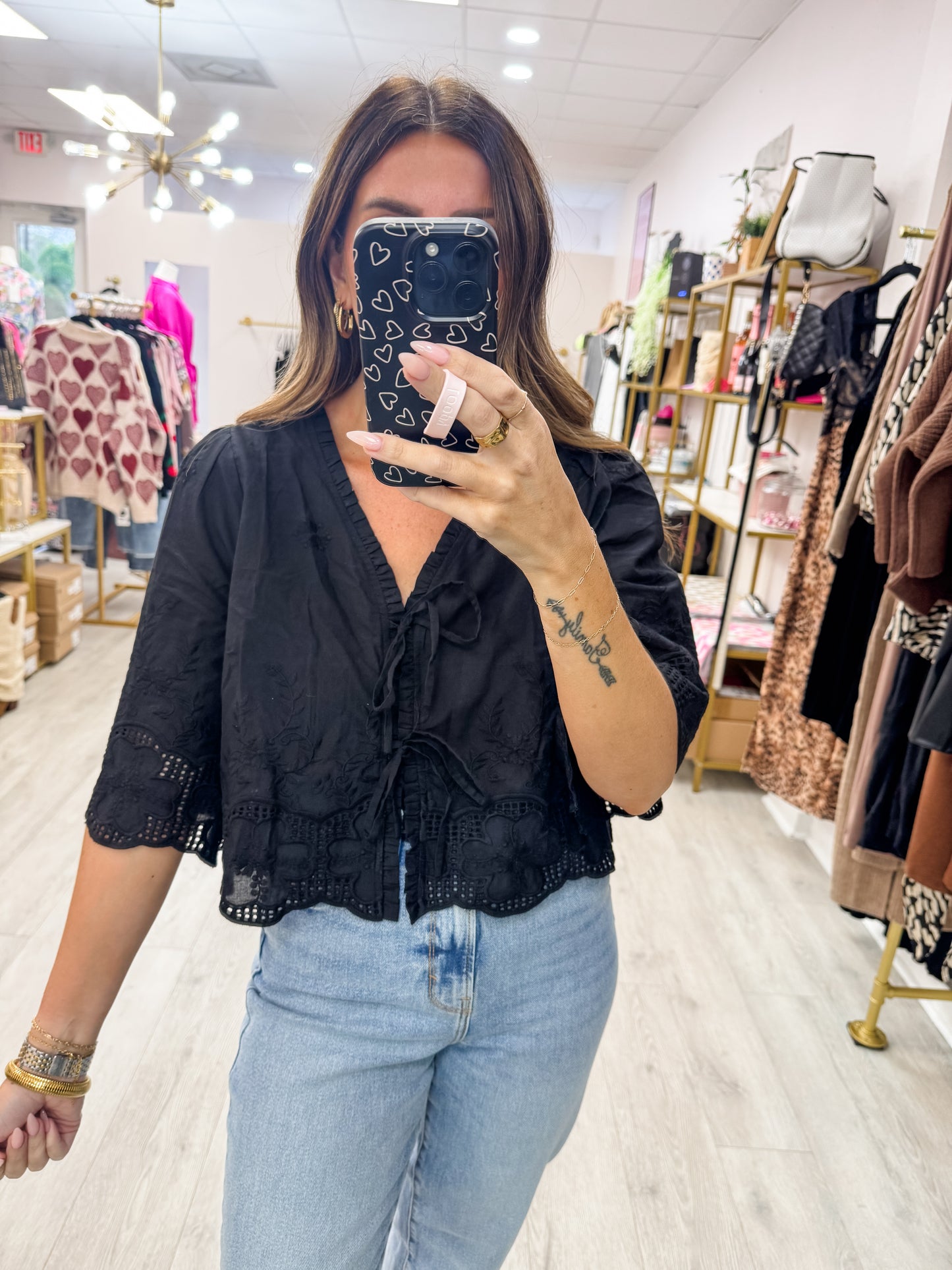 Floral Embroidery Tie Front Top