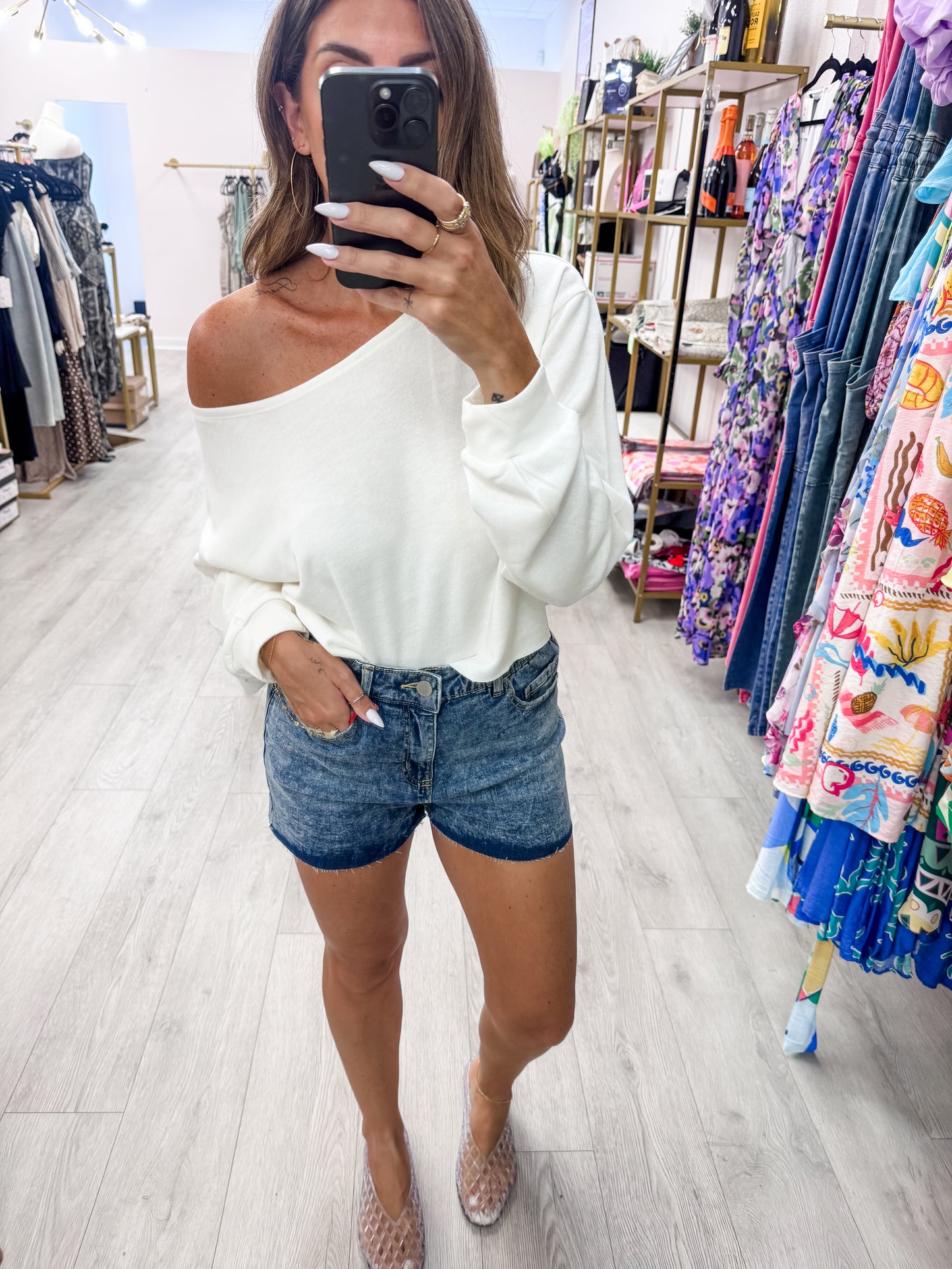 Whip Cream Boat Neck Long Sleeve Top