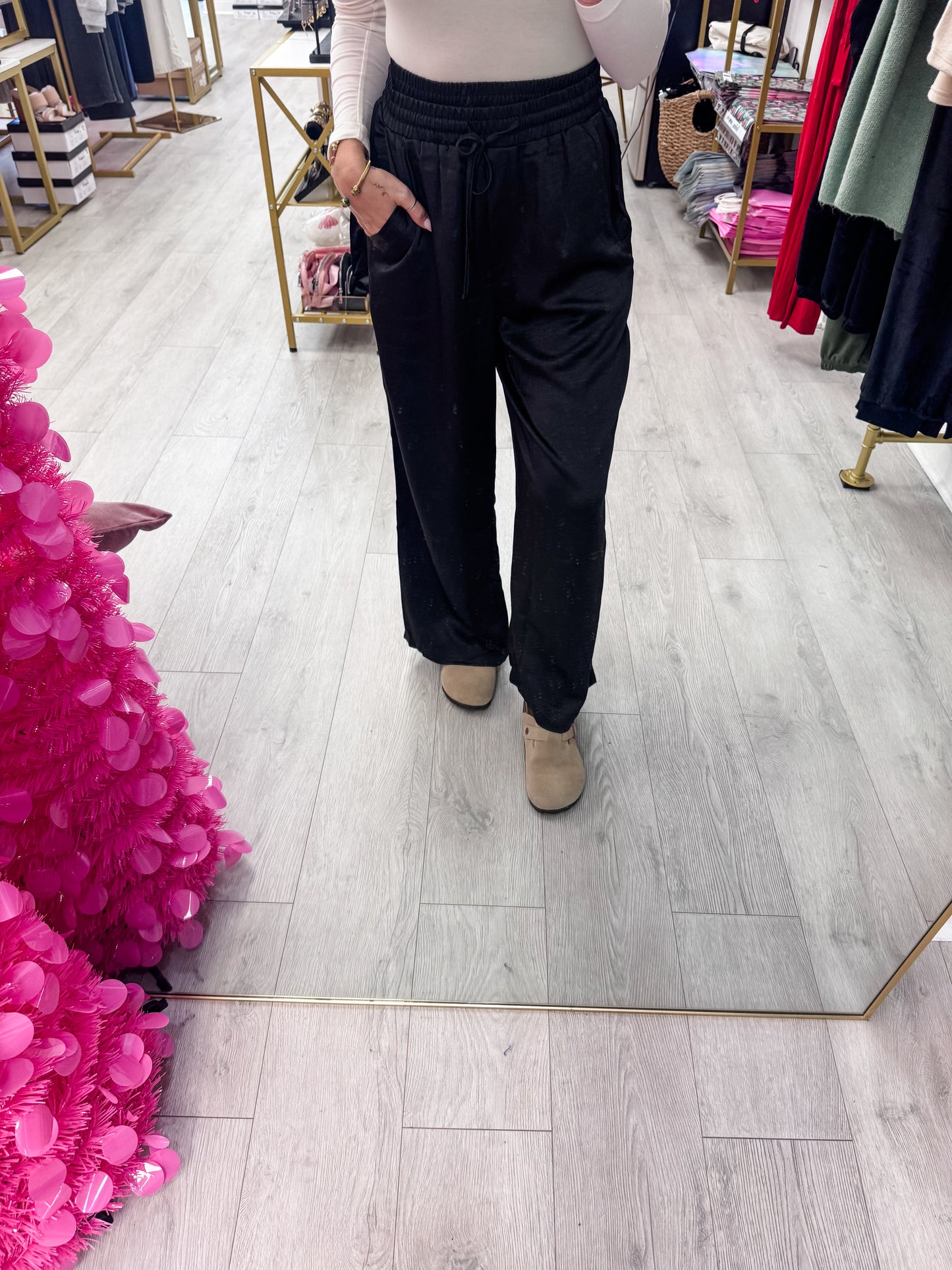 Black Drawstring Waist Wide-Leg Lounge Pants