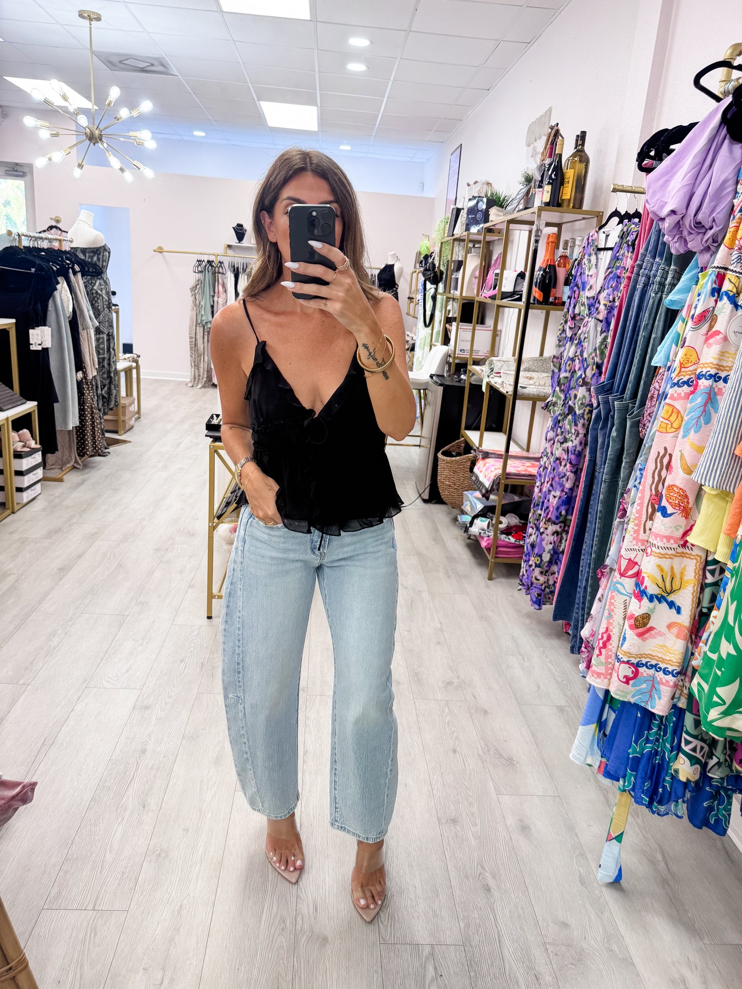 Black Layered Tie-Front Camisole Top