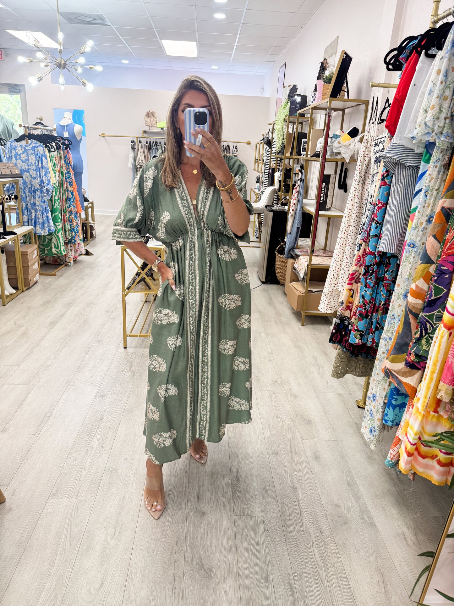 Green Border Printed Midi Dress