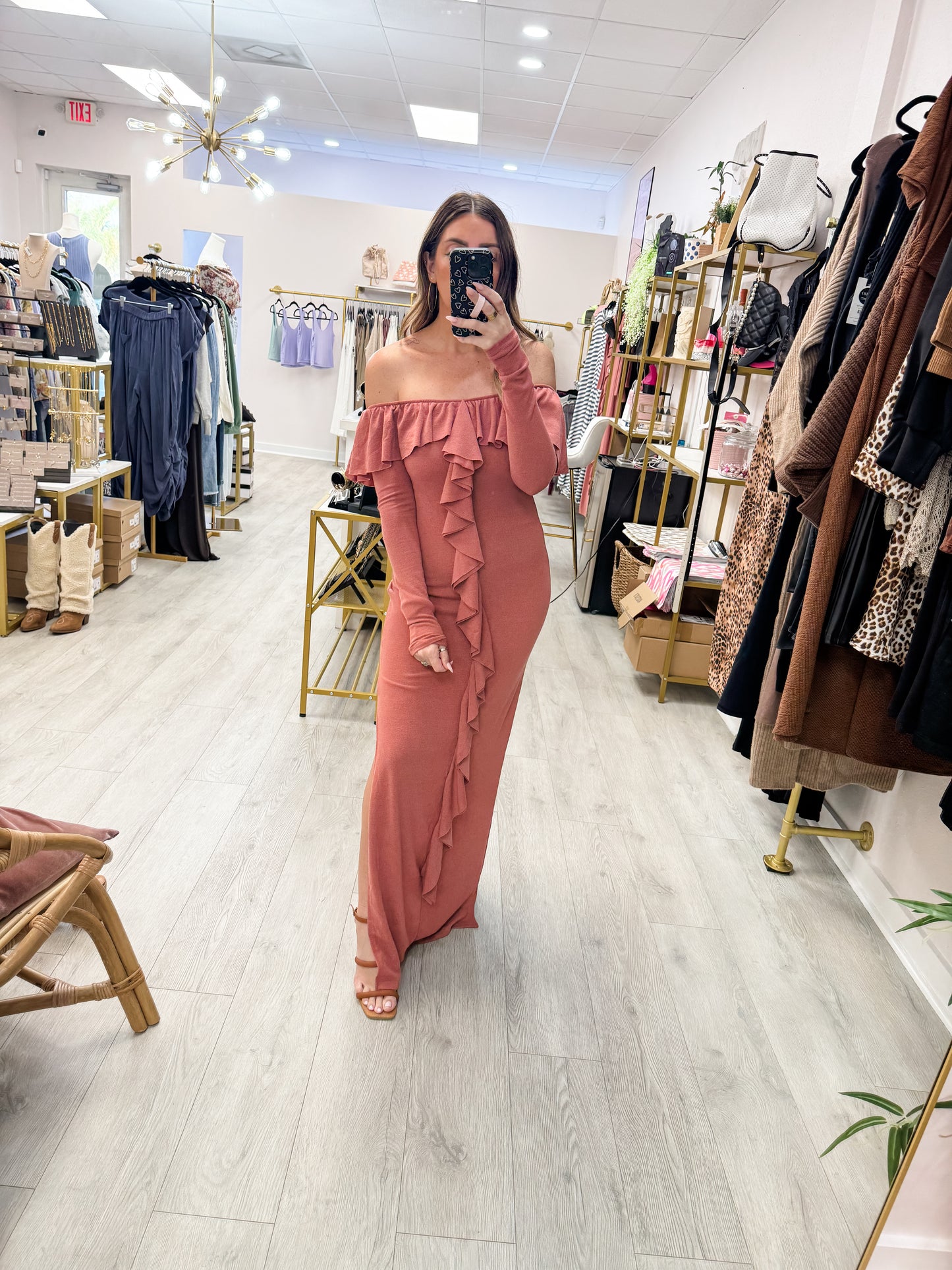 Off Shoulder Ruffle Front Maxi Dress