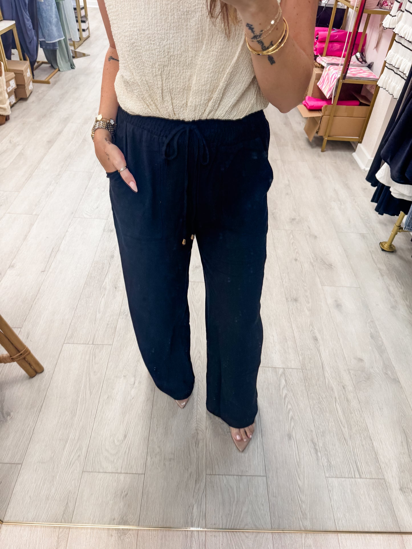 Black Soft Linen Smocked Wide Leg Pants