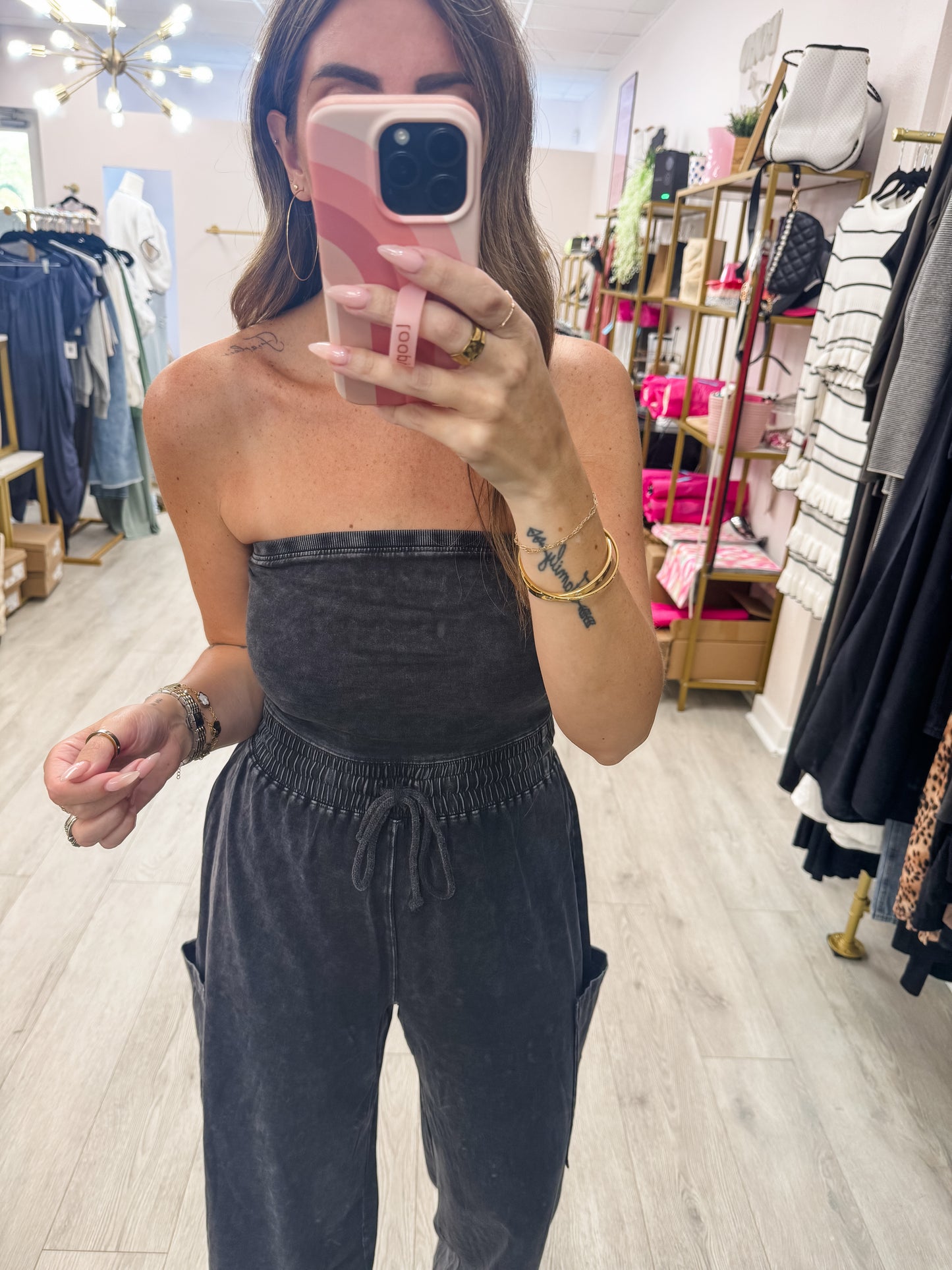 Black Tube Top Drawstring Waist Jumpsuit