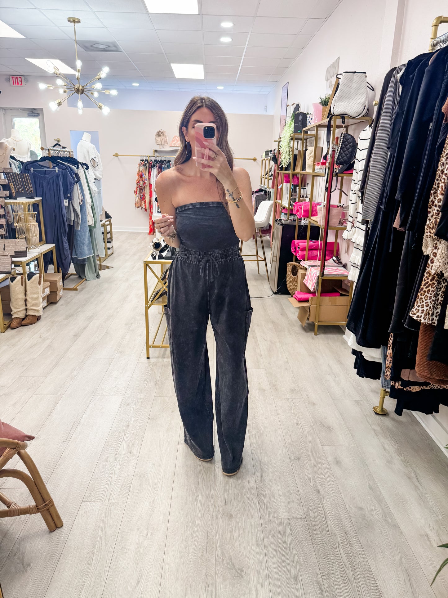 Black Tube Top Drawstring Waist Jumpsuit