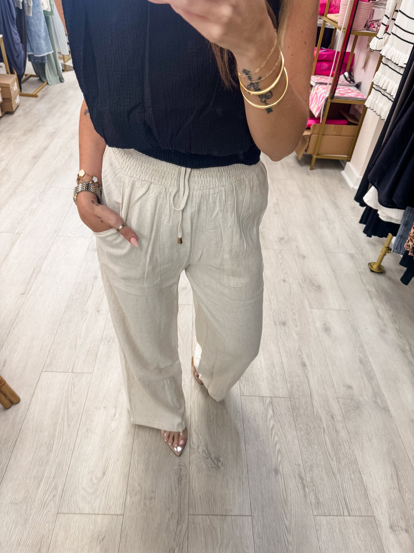 Oatmeal Soft Linen Smocked Waist Pants