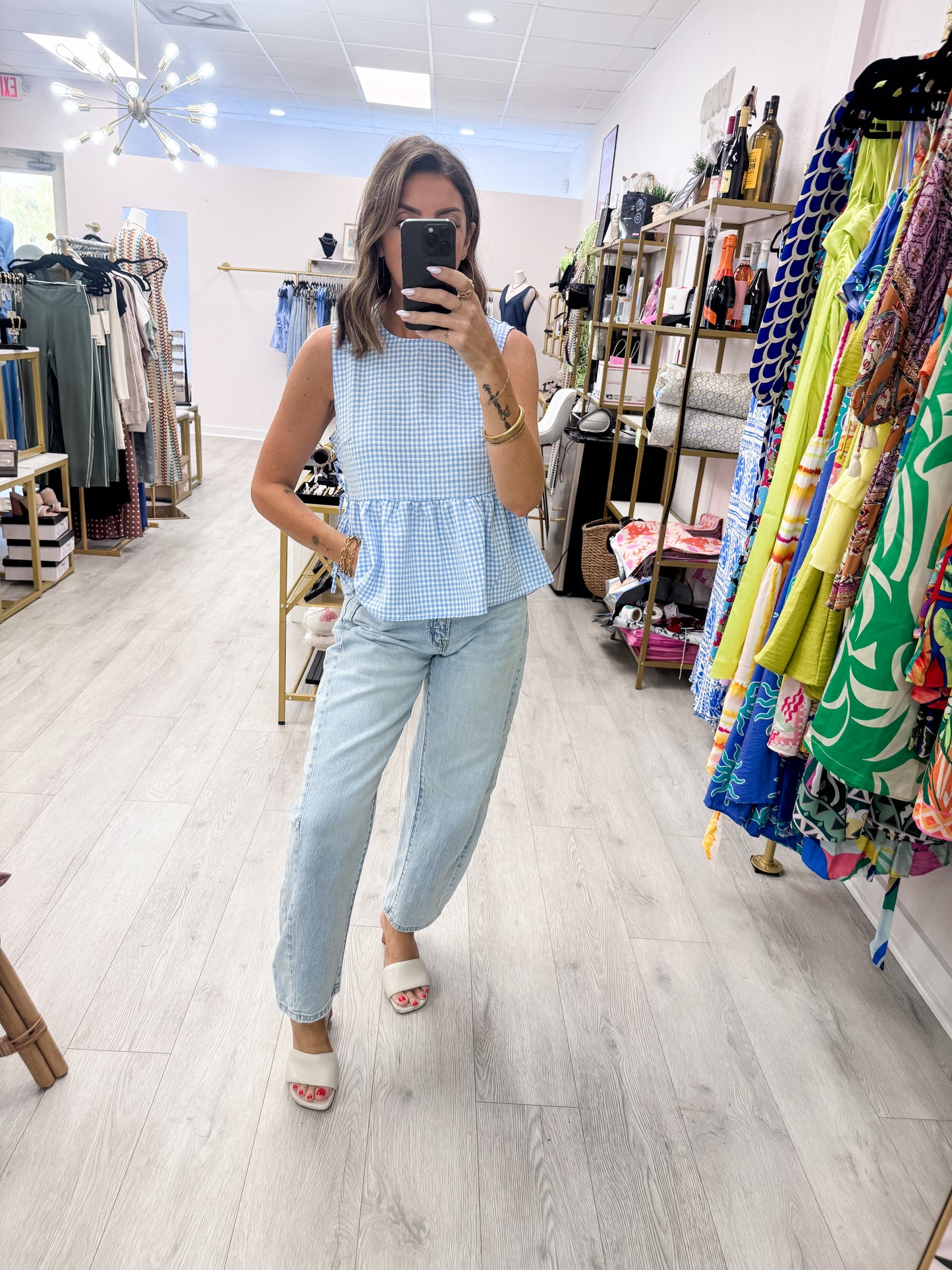 Blue Gingham Sleeveless Peplum Top With Side Ties