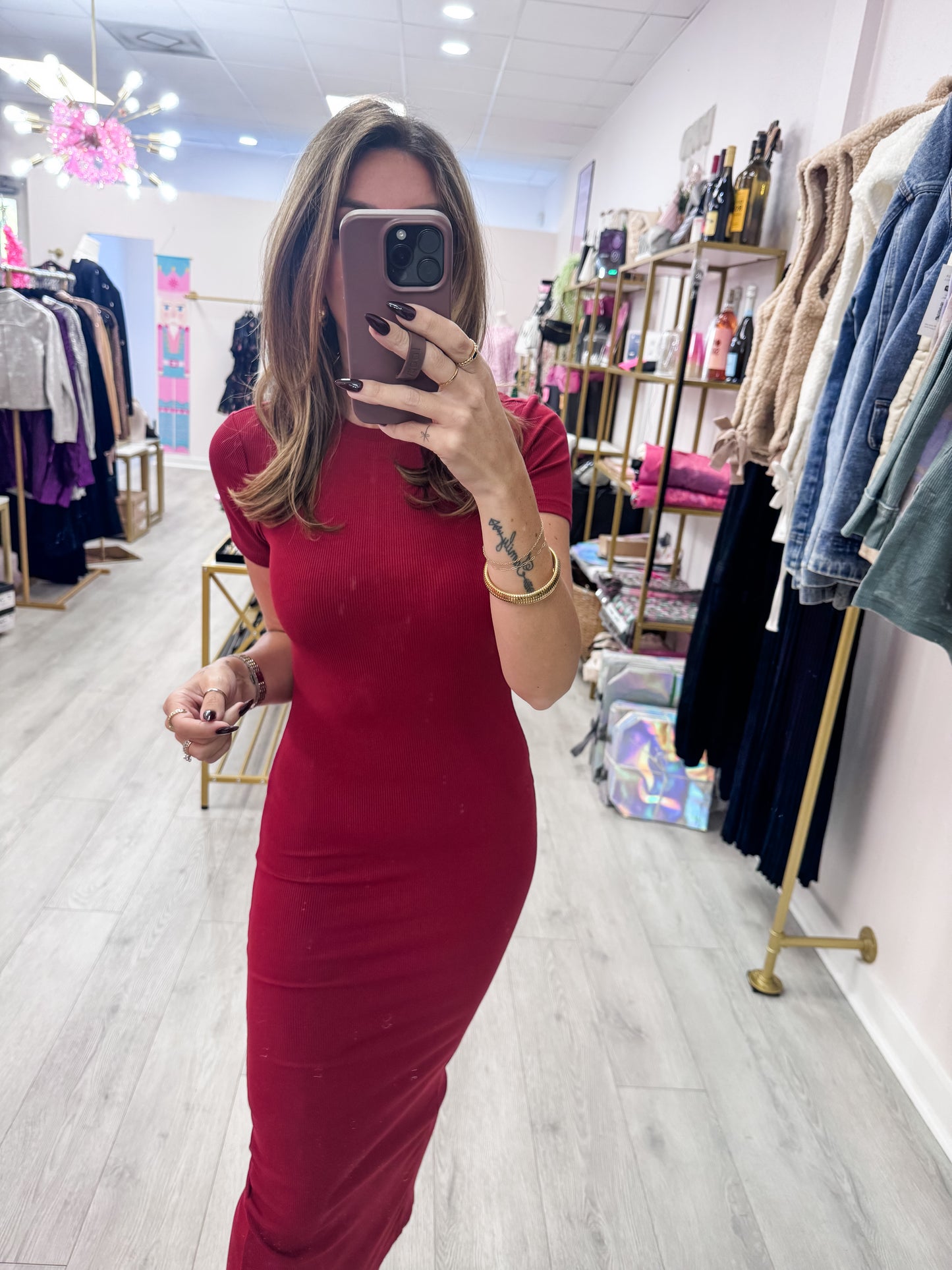 Wine Ribbed T-Shirt Dress