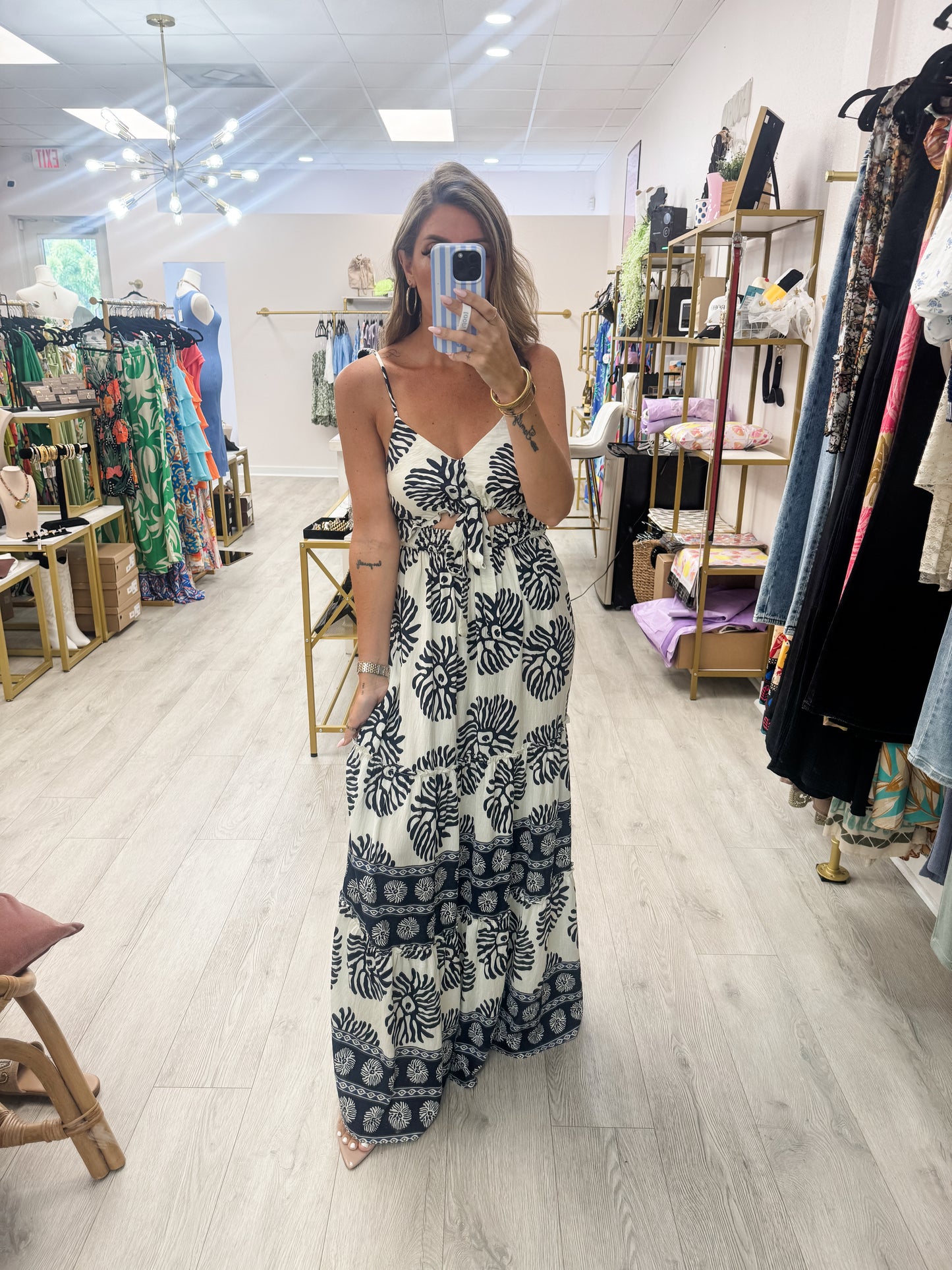 Navy Border Printed Maxi Dress