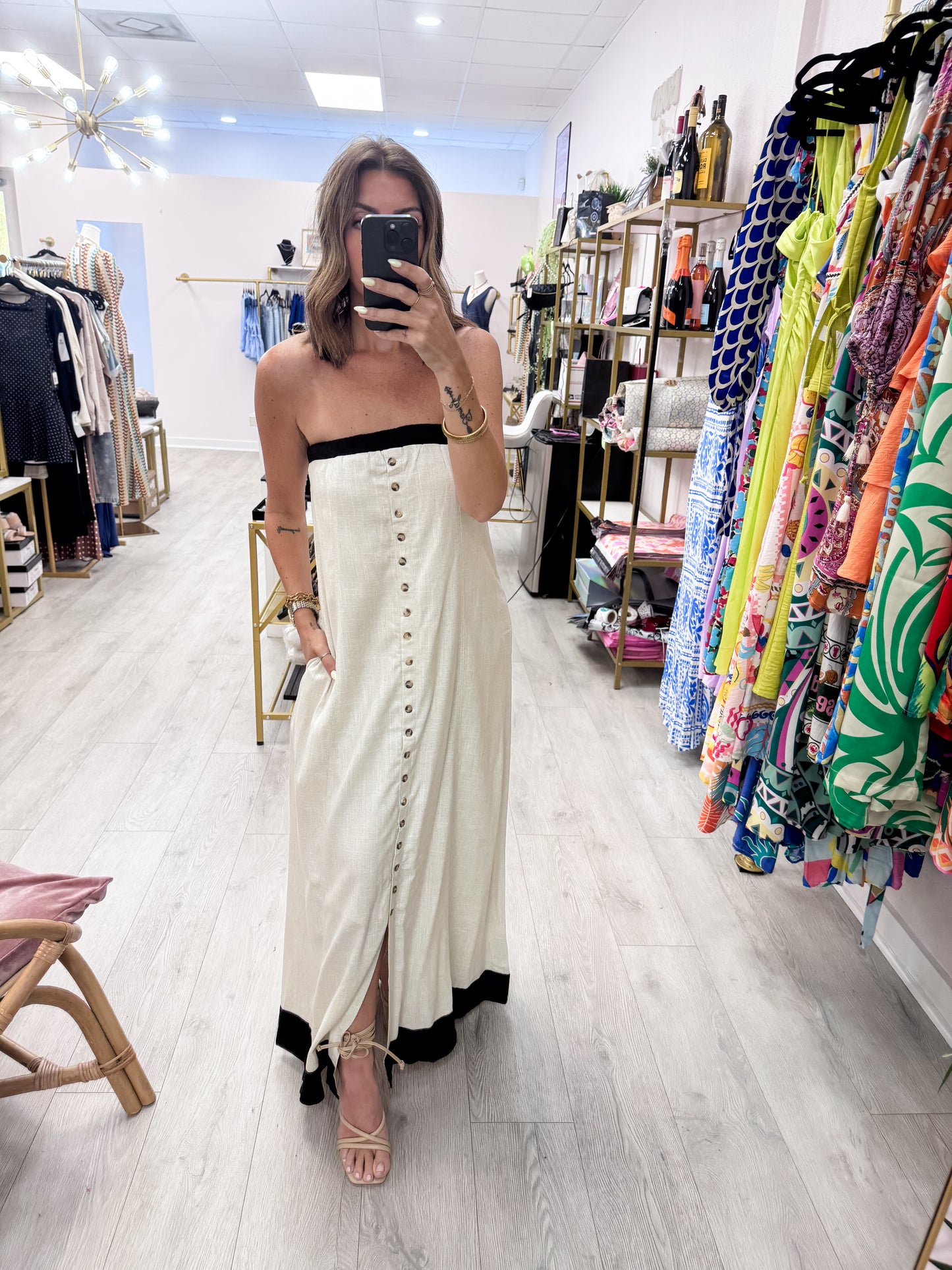 Oatmeal Strapless Button-Front Maxi Dress
