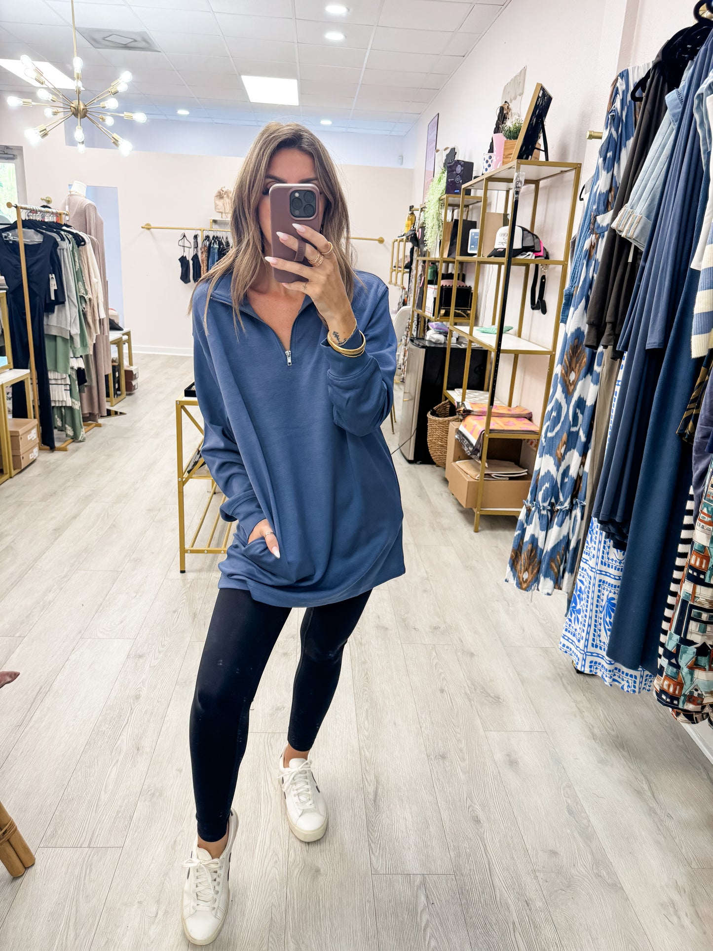 Double Knit Half Zip Dusty Navy Tunic