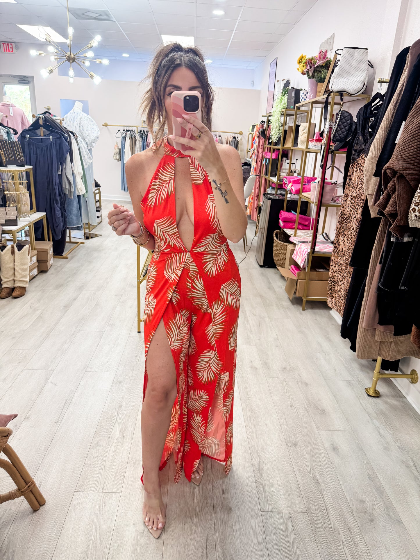 Halter Print Jumpsuit with Slits