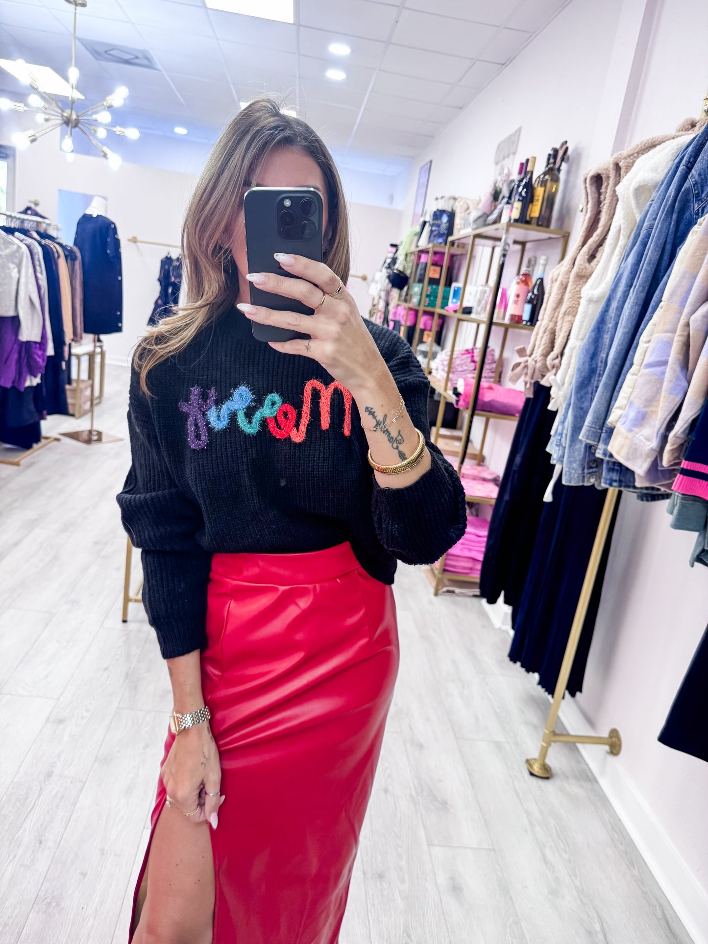 Red Leather Skirt with Slit