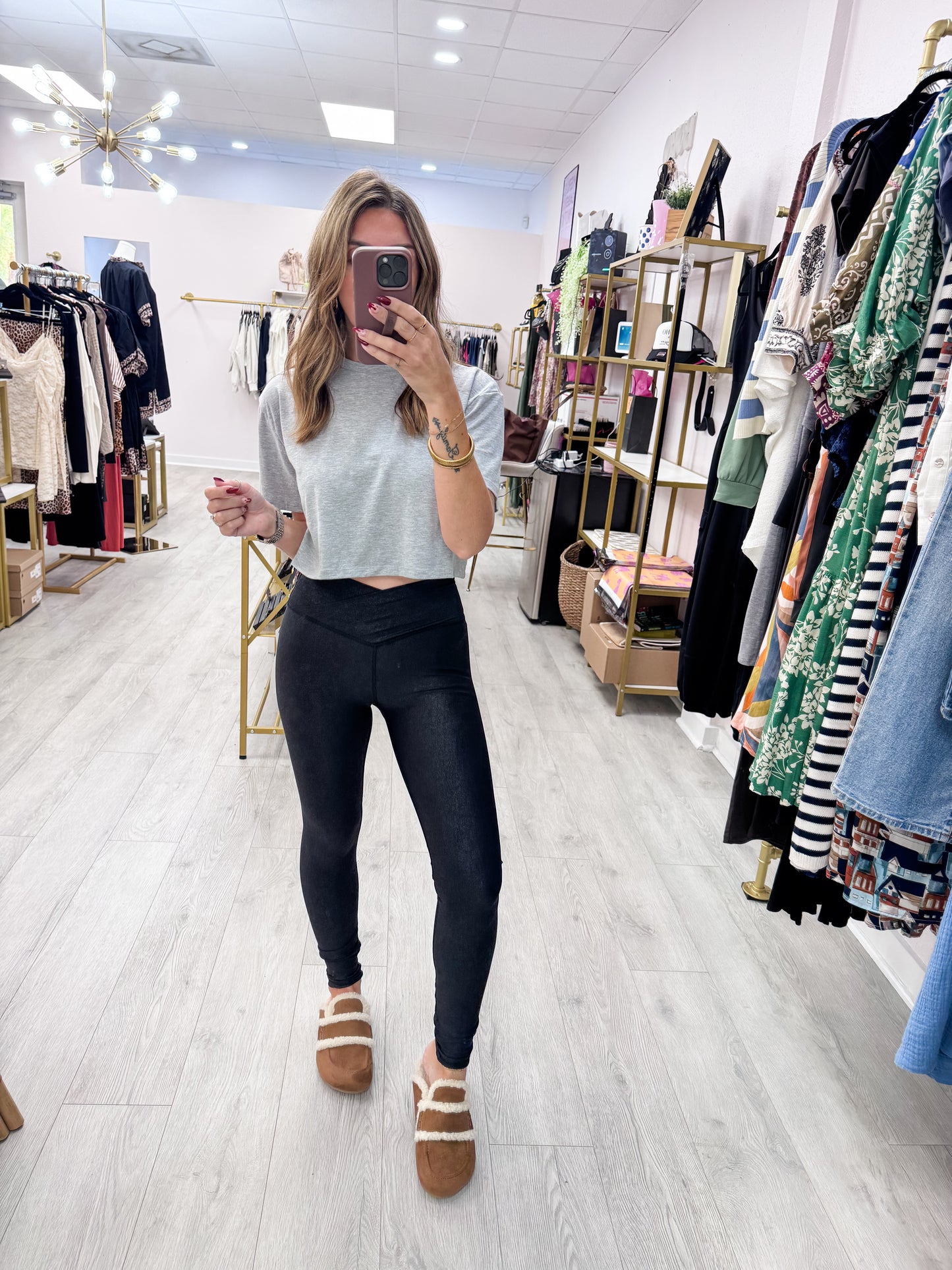 Faux Leather Foil V Leggings