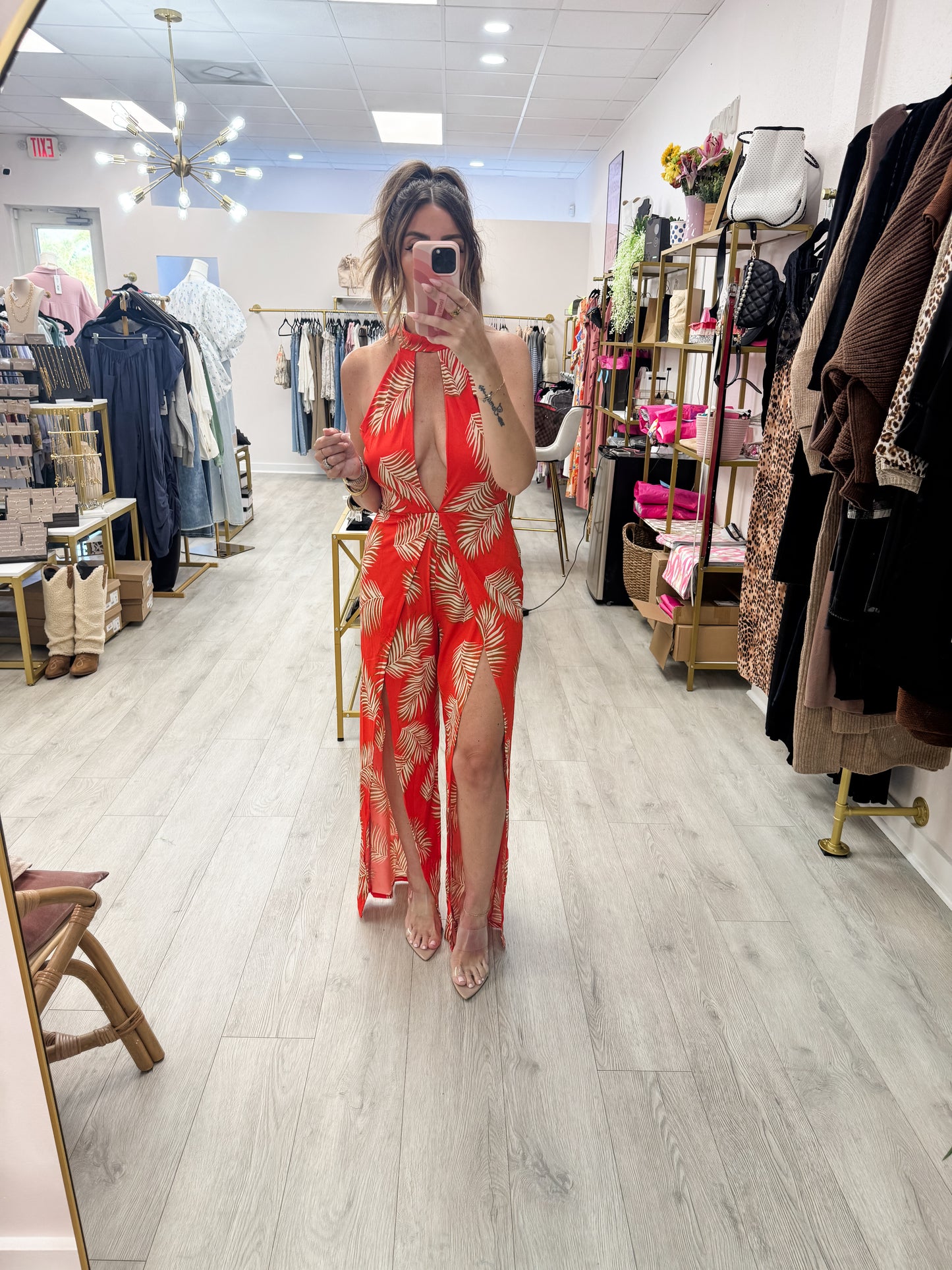 Halter Print Jumpsuit with Slits