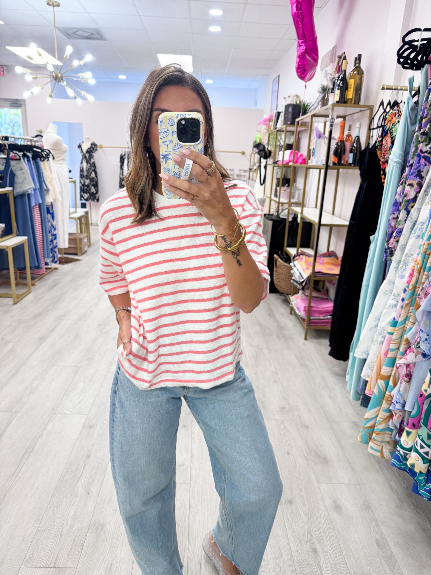 Red Striped Short Sleeve Terry Crew Neck Top
