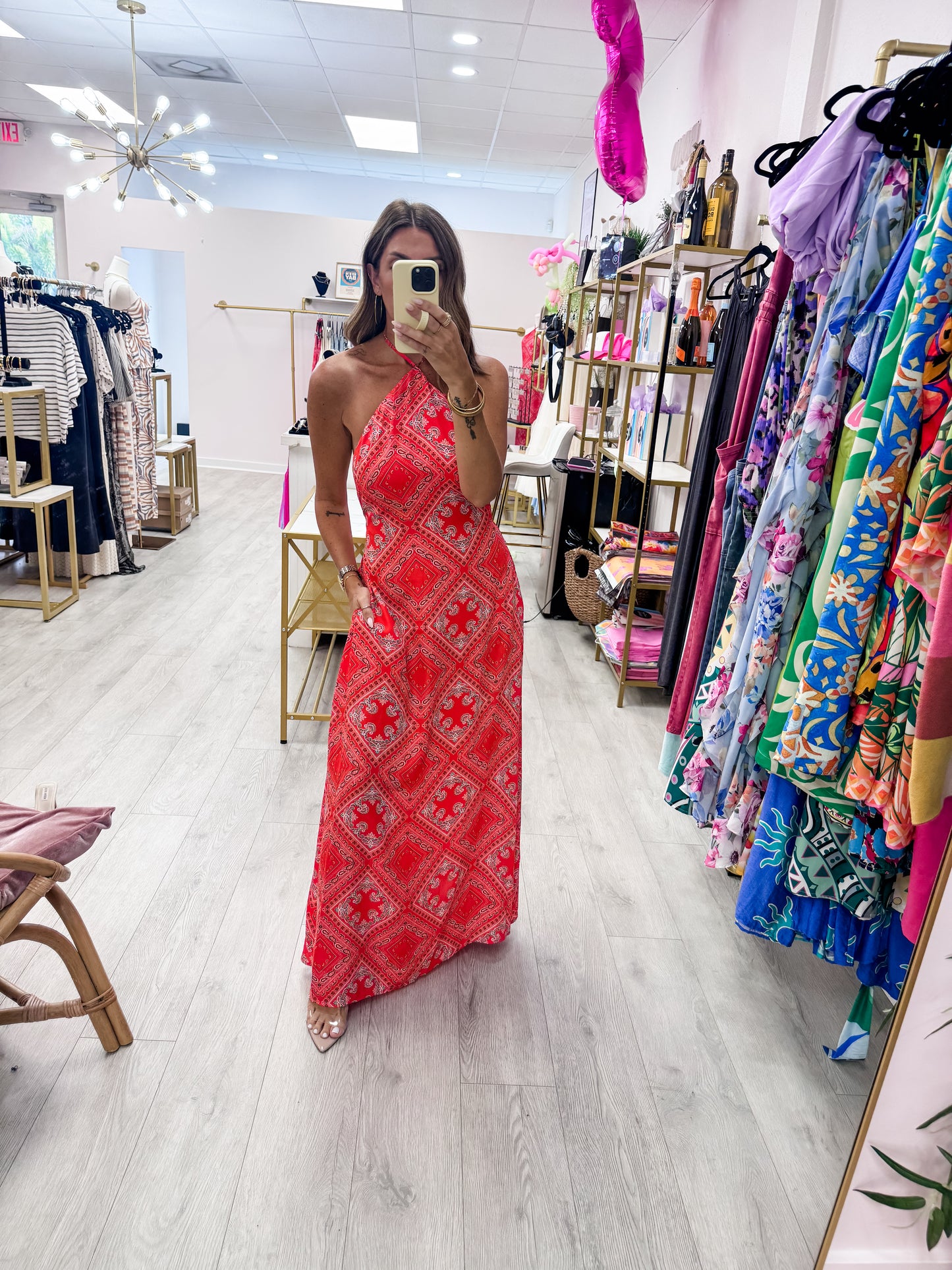 Red Bandana Print Halter Midi Dress