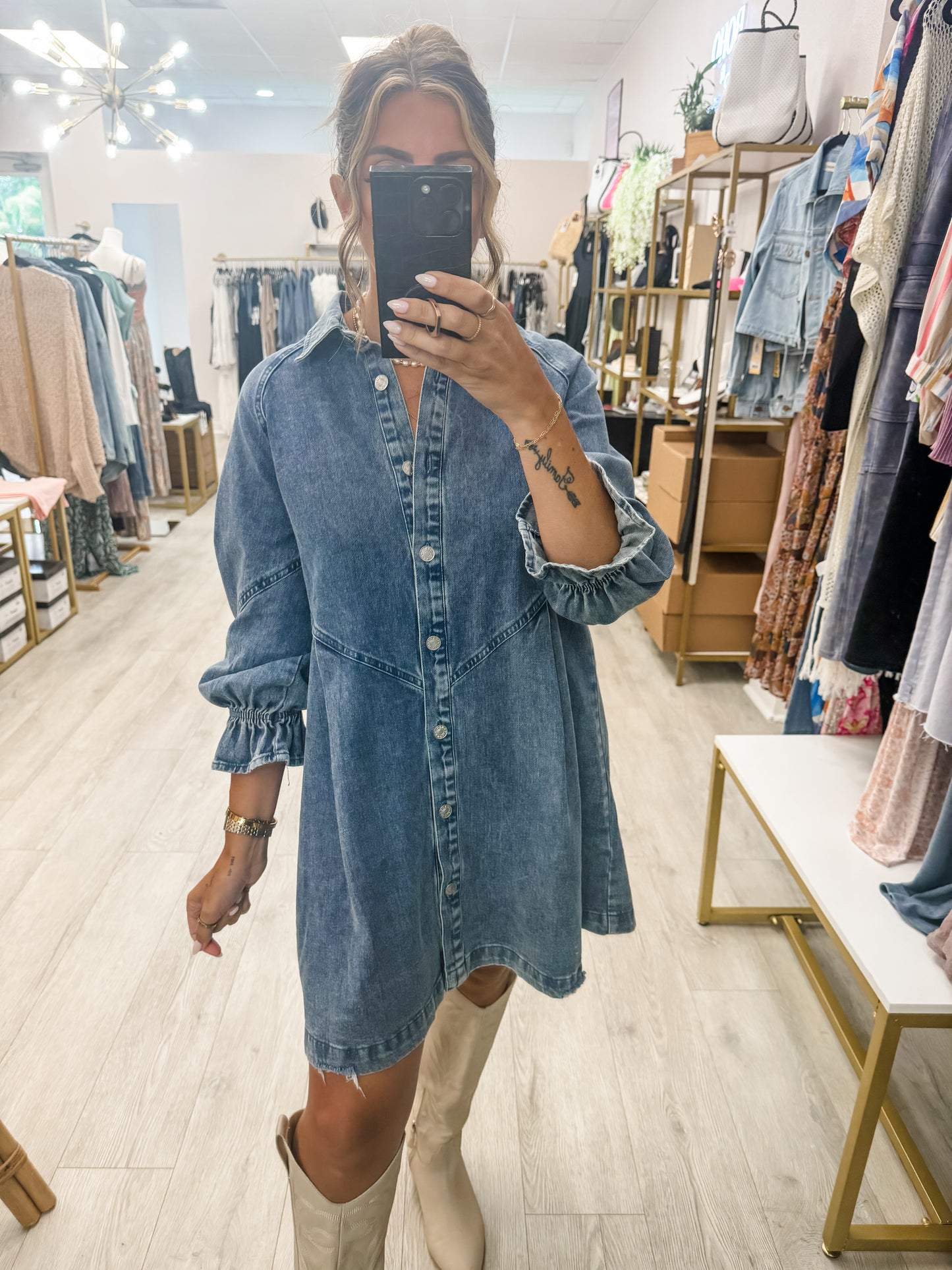 Washed Denim Puff Sleeve Dress
