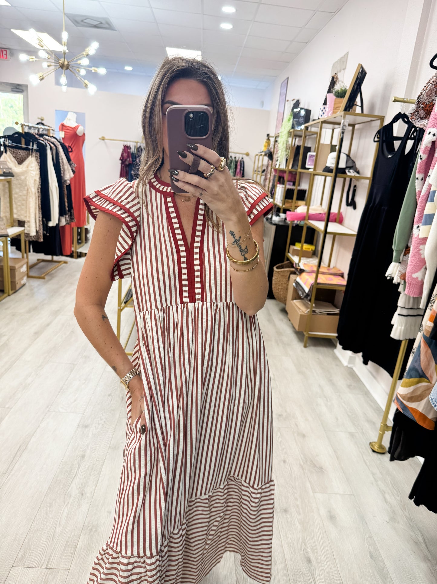 Rust Striped Flutter Dress