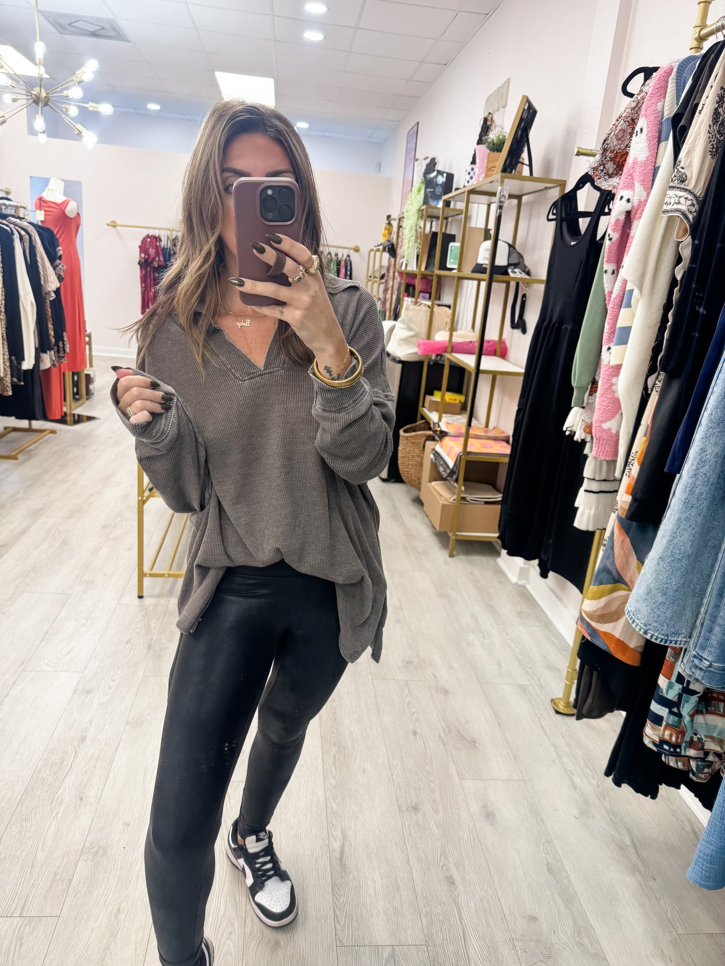 Espresso Cotton Blend Waffle Knit Oversized Top