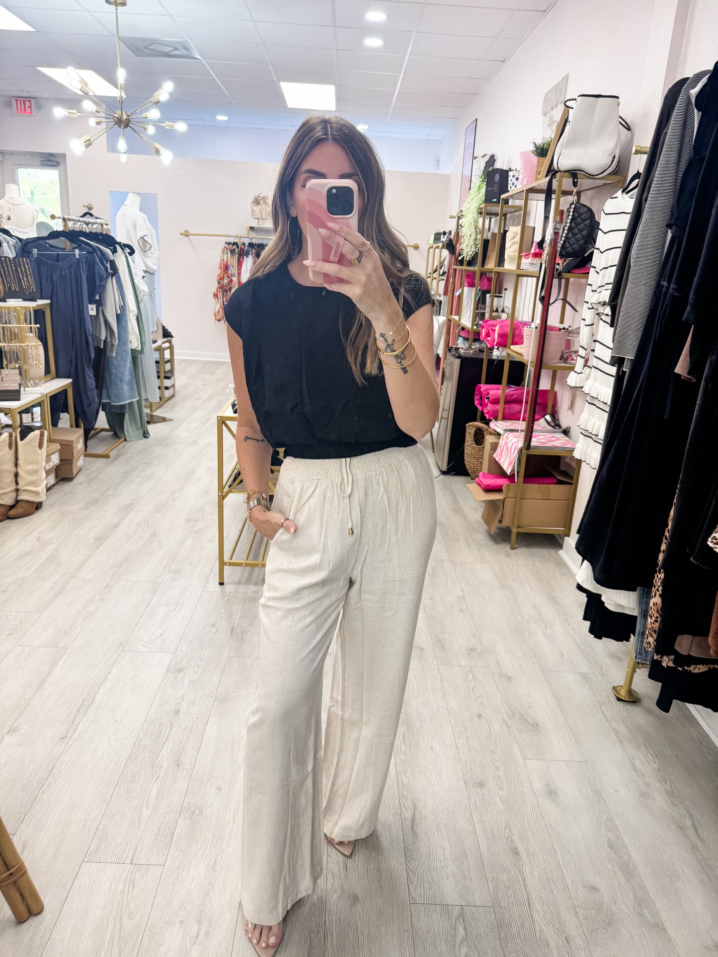 Black Seersucker Tie Front Dolman Top